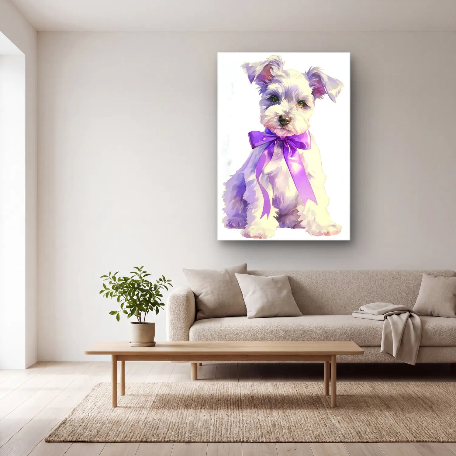 Sevimli İllüstrasyon Köpek No. 8 cam tablo — açık renk salonda