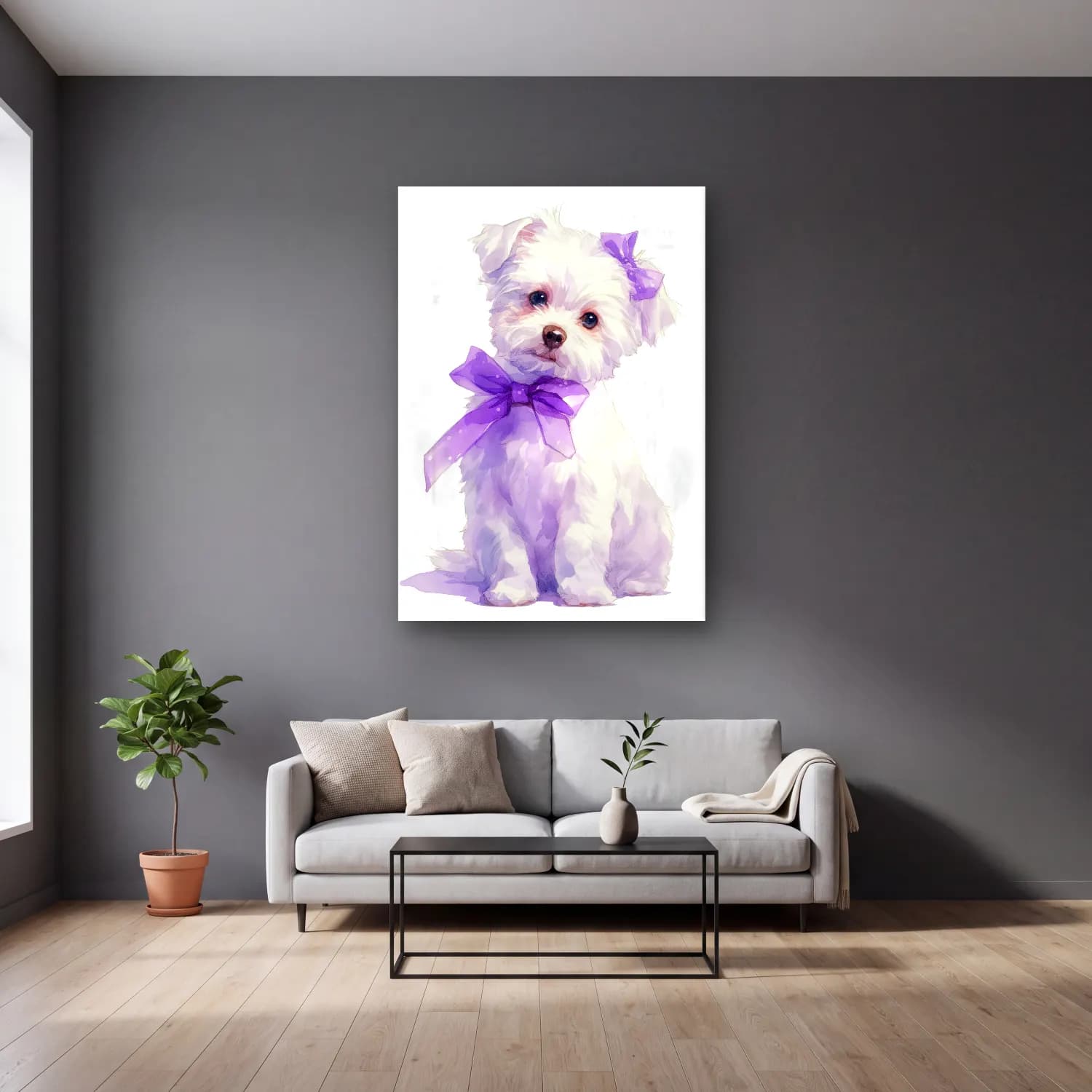 Sevimli İllüstrasyon Köpek cam tablo — gri duvarlı salonda