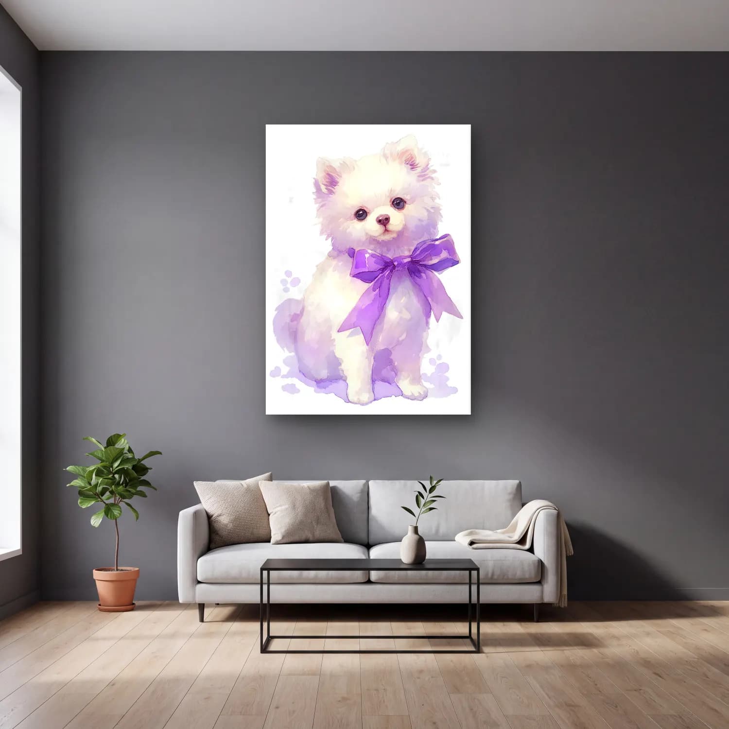 Sevimli İllüstrasyon Köpek No. 10 cam tablo — gri duvarlı salonda