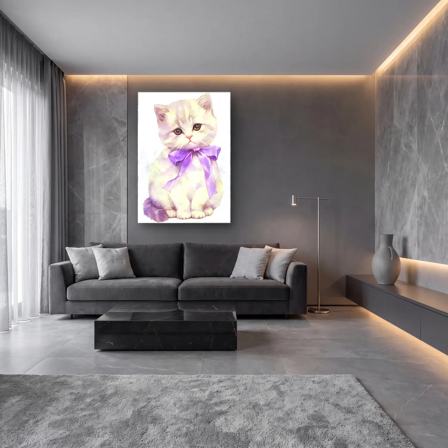 Suluboya Kedi – Mor Tonlar cam tablo — lüks salon duvarında