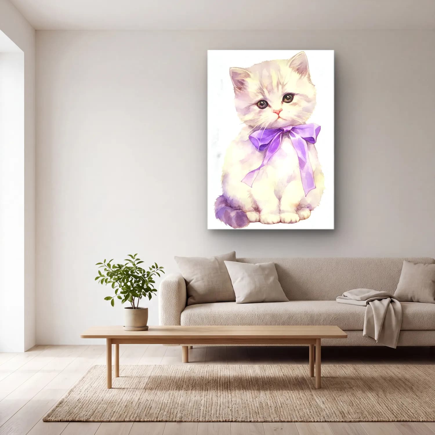 Suluboya Kedi – Mor Tonlar cam tablo — açık renk salonda