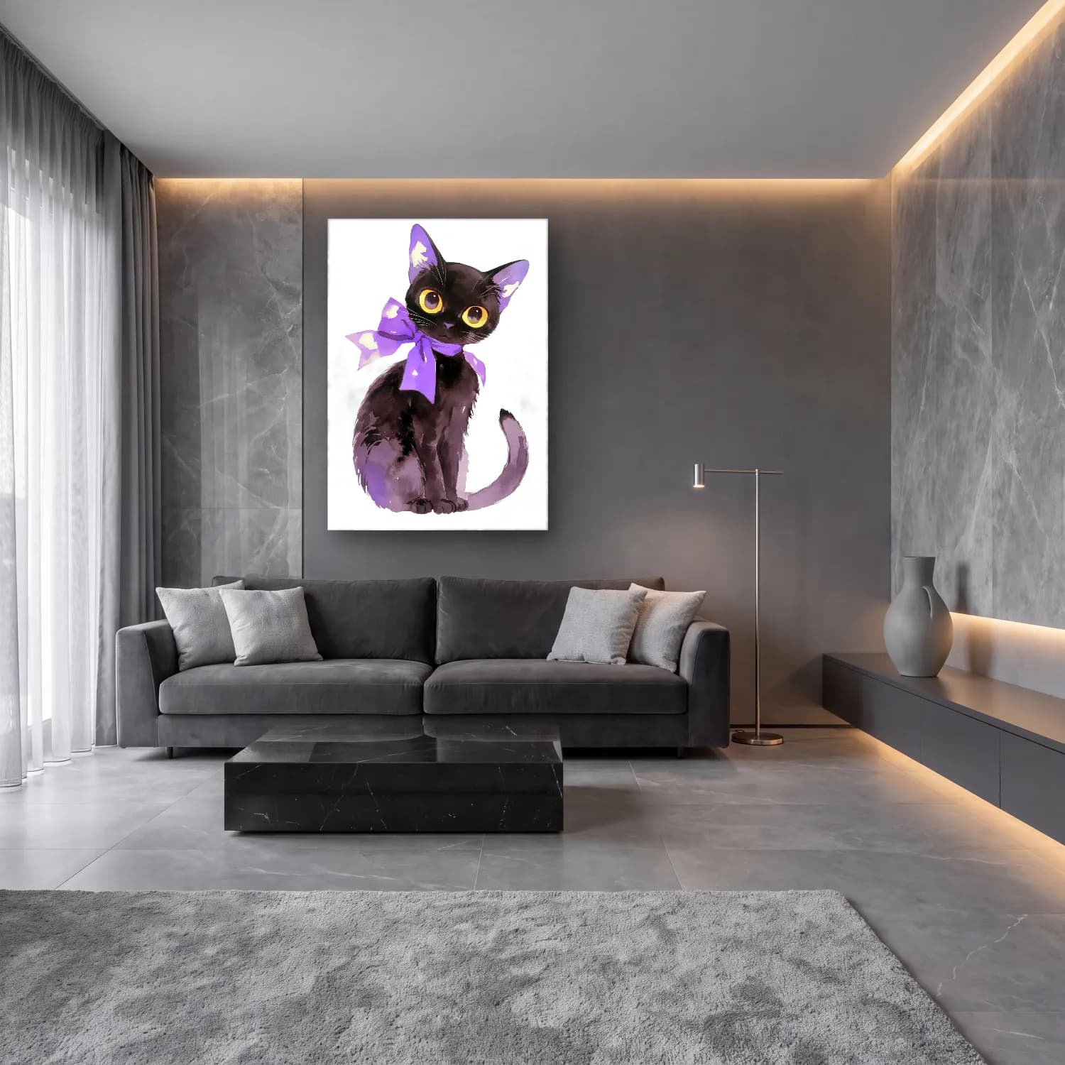 Sevimli İllüstrasyon Kedi No. 13 cam tablo — lüks salon duvarında