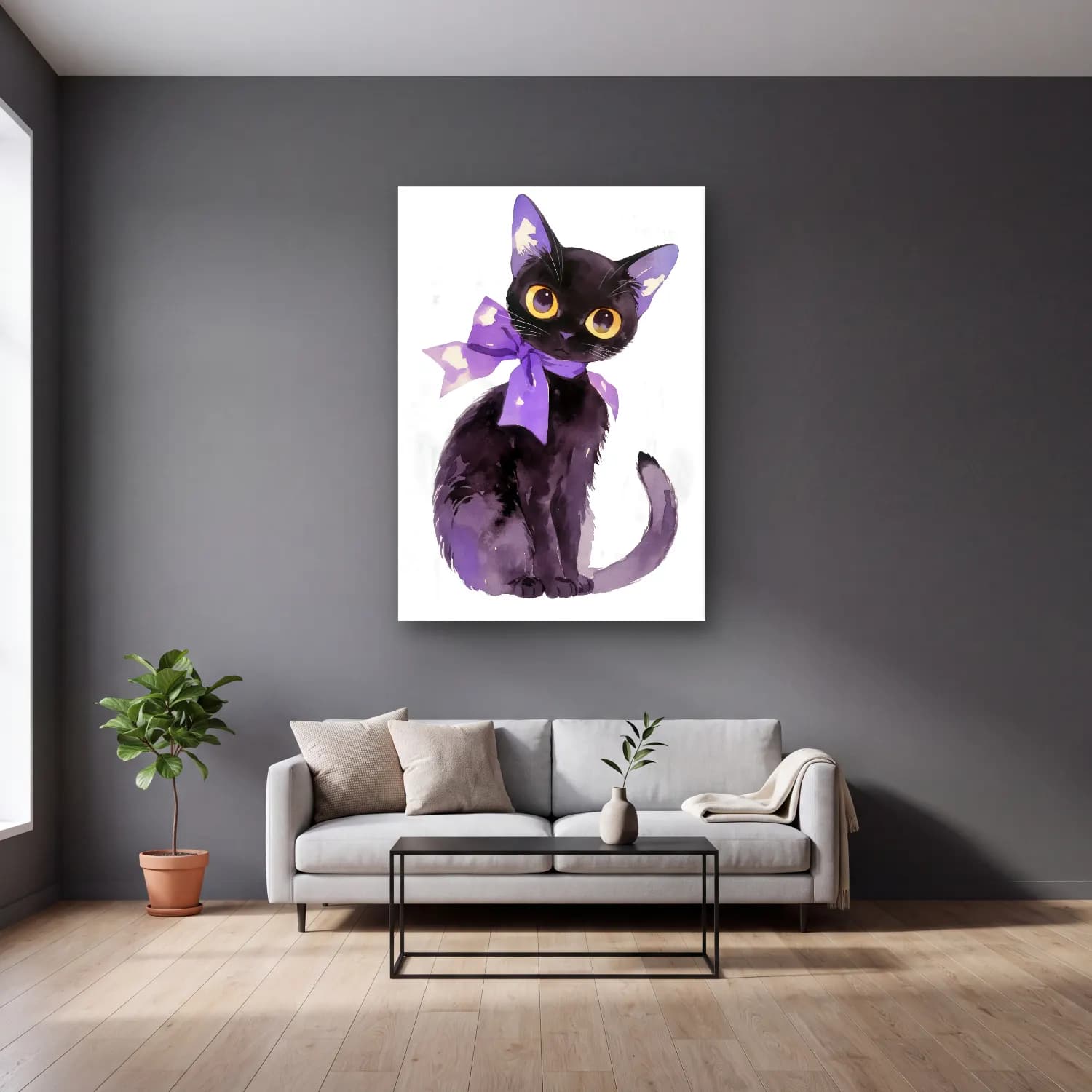 Sevimli İllüstrasyon Kedi No. 13 cam tablo — gri duvarlı salonda