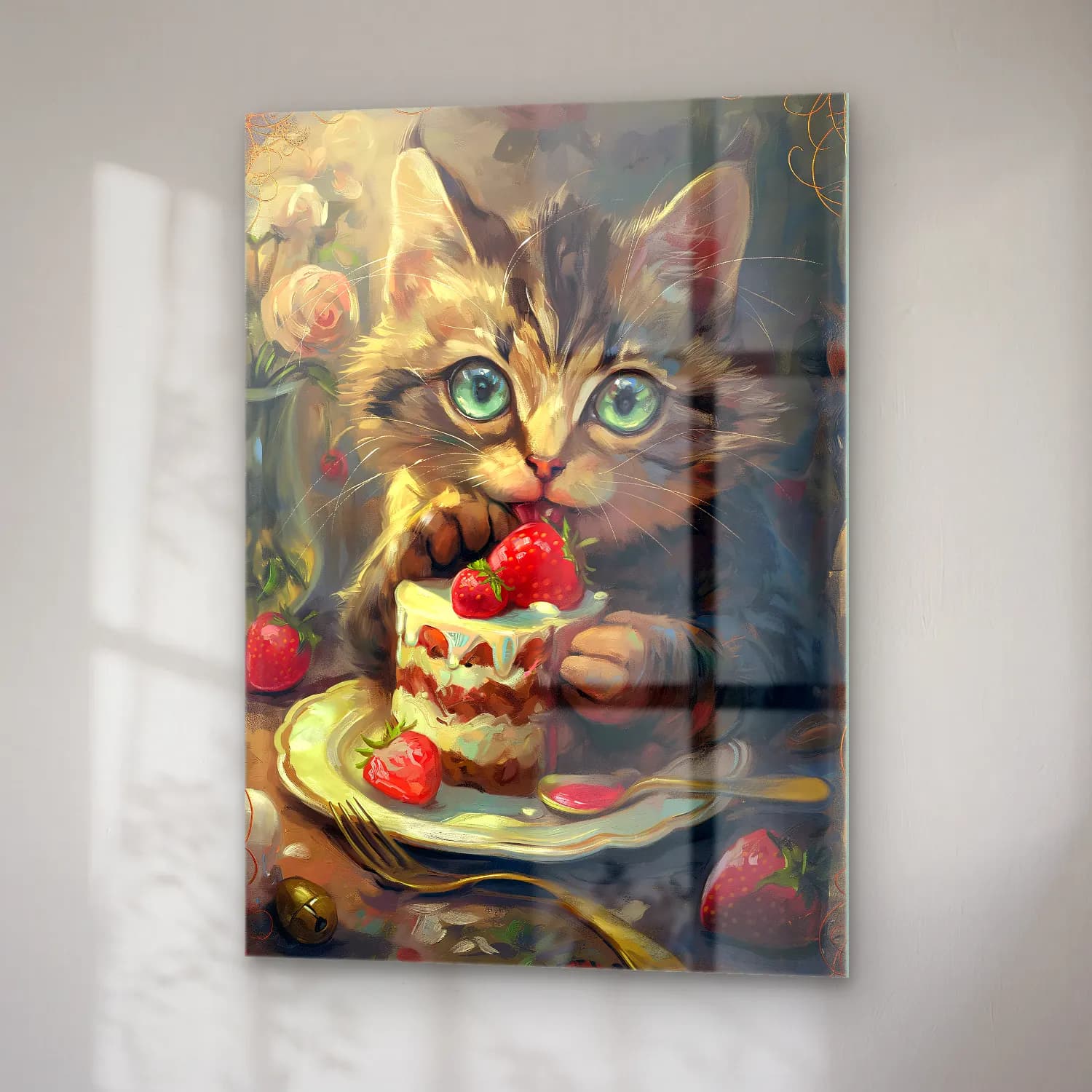 Sevimli İllüstrasyon Kedi No. 16 cam tablo — sağ açıdan görünüm