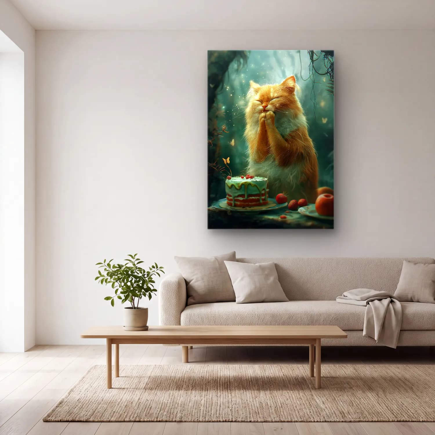 Sevimli İllüstrasyon Kedi No. 17 cam tablo — açık renk salonda