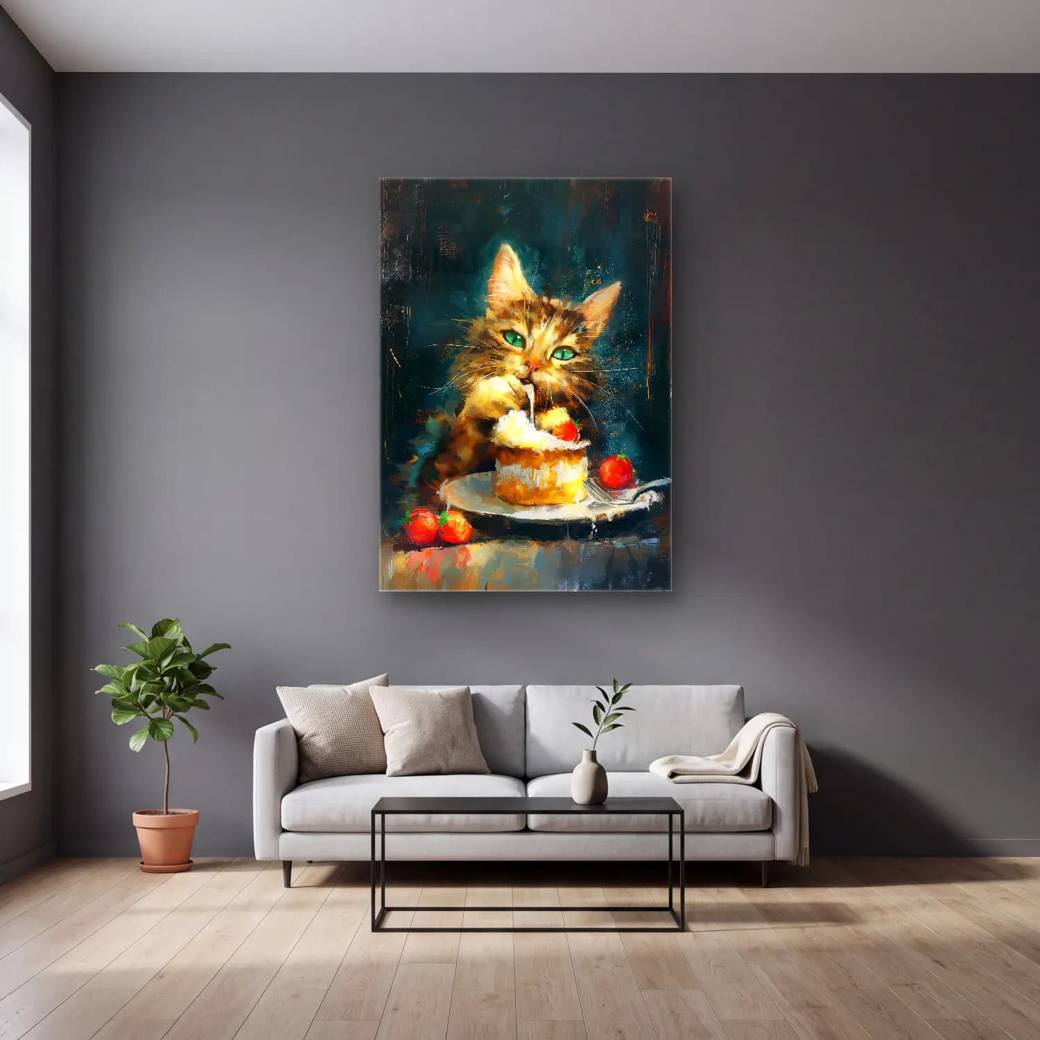 Yağlı Boya Kedi – Pastel Tonlar cam tablo — gri duvarlı salonda