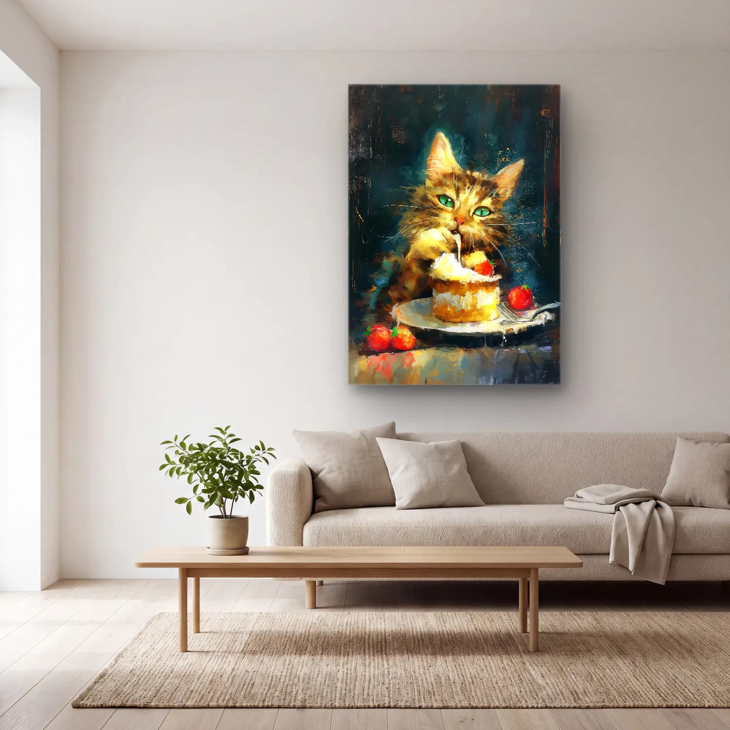 Yağlı Boya Kedi – Pastel Tonlar cam tablo — açık renk salonda