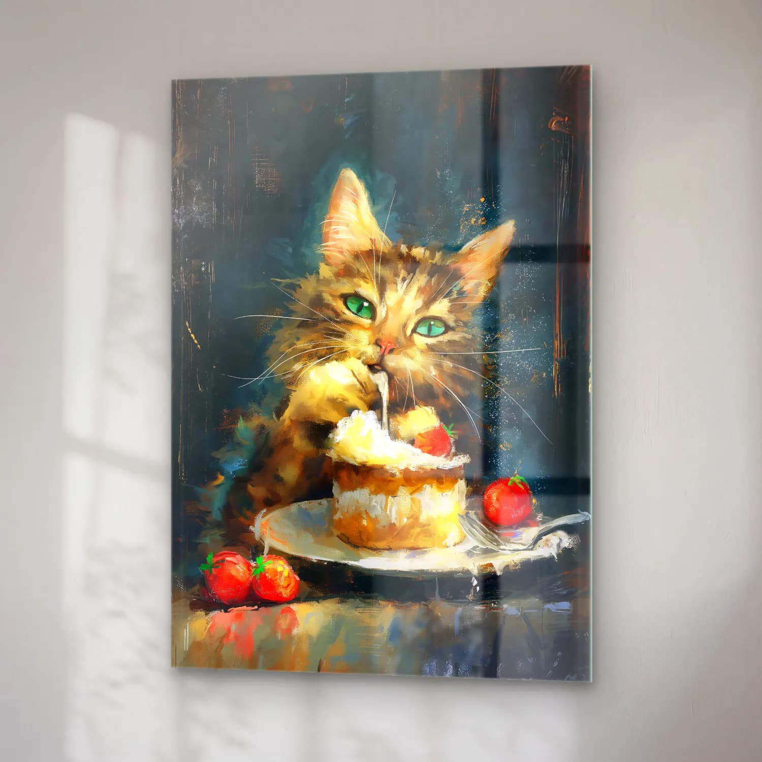 Yağlı Boya Kedi – Pastel Tonlar cam tablo — sağ açıdan görünüm