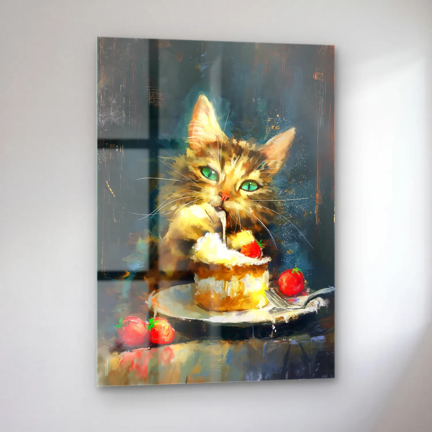 Yağlı Boya Kedi – Pastel Tonlar cam tablo — sol açıdan görünüm