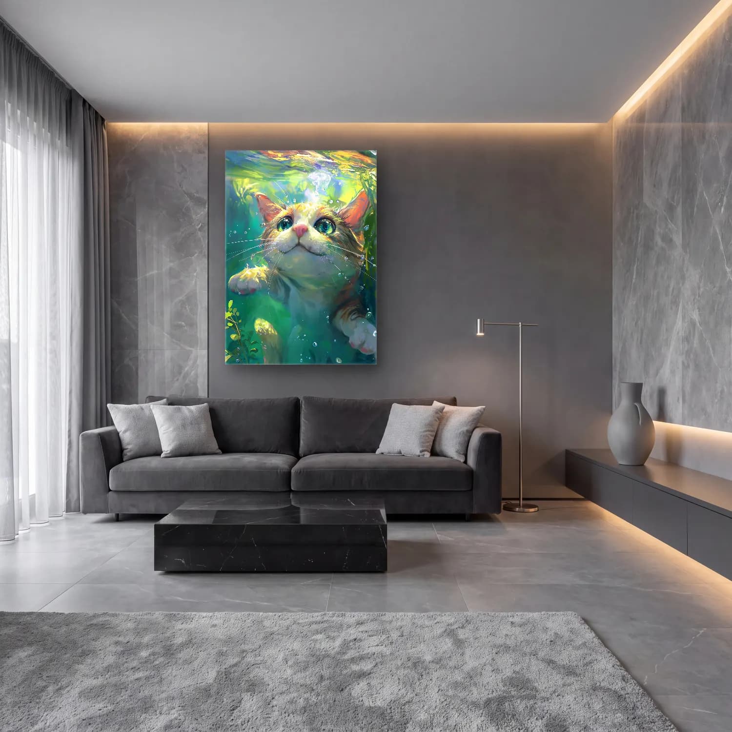 Sevimli İllüstrasyon Kedi No. 20 cam tablo — lüks salon duvarında