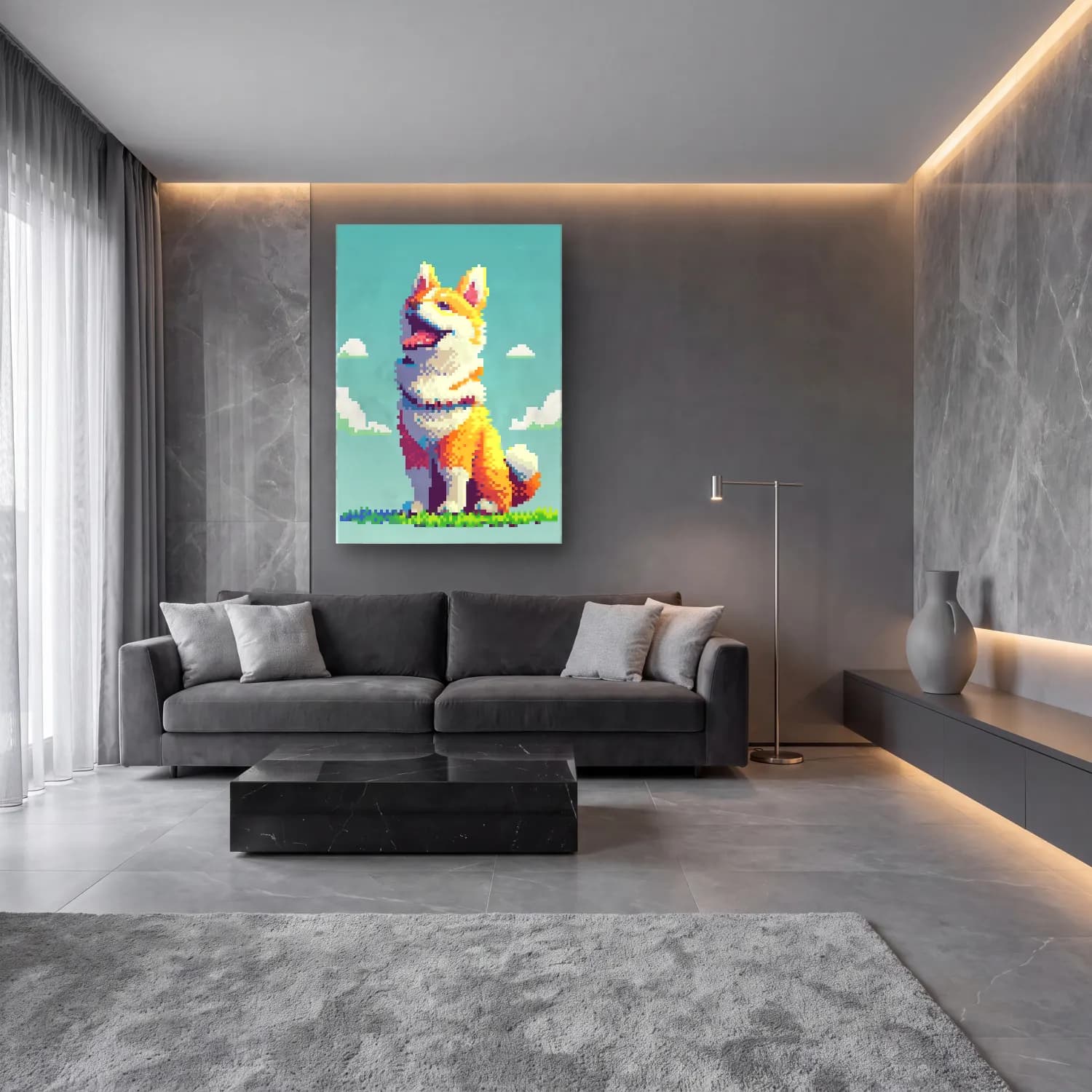 Sevimli İllüstrasyon Köpek No. 28 cam tablo — lüks salon duvarında