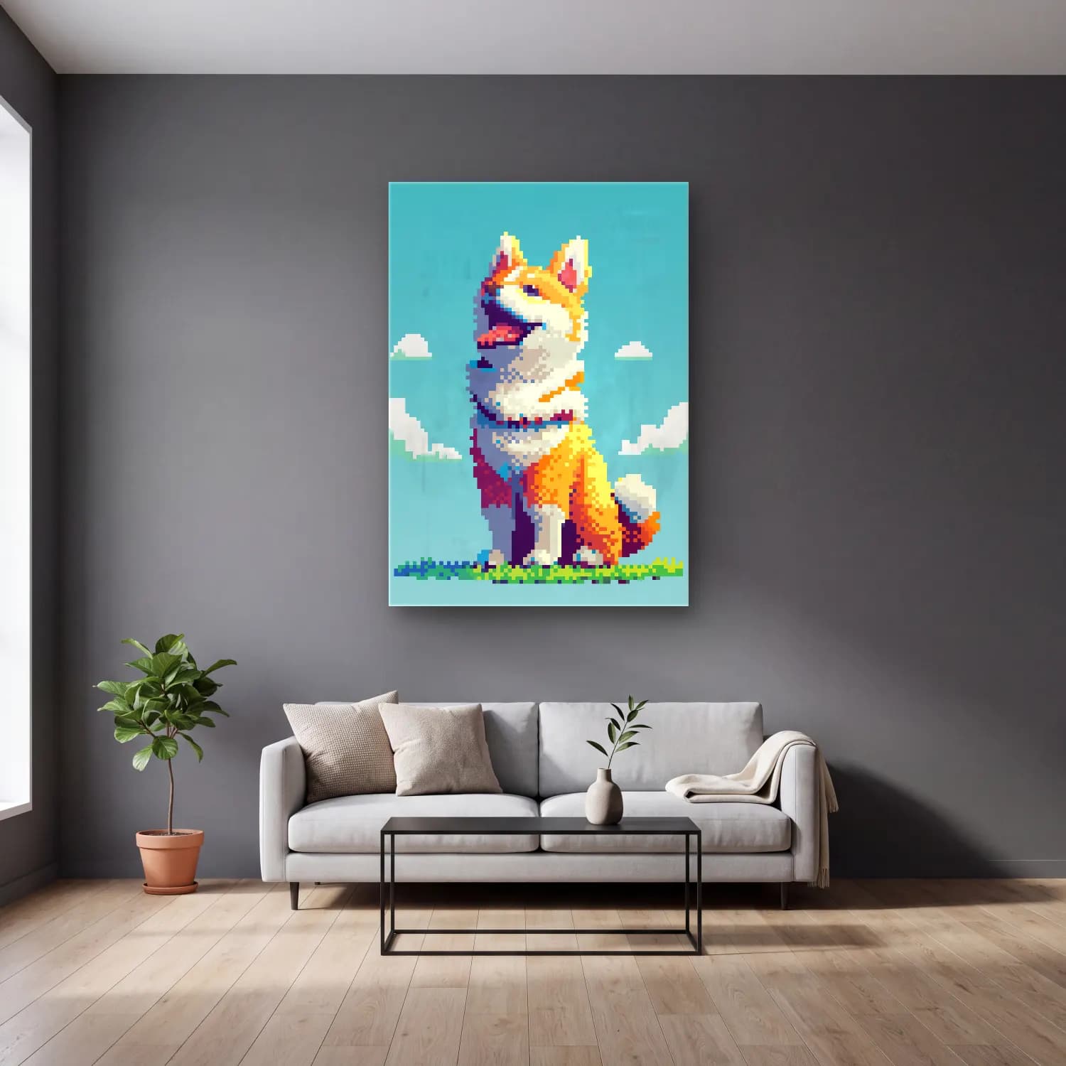 Sevimli İllüstrasyon Köpek No. 28 cam tablo — gri duvarlı salonda