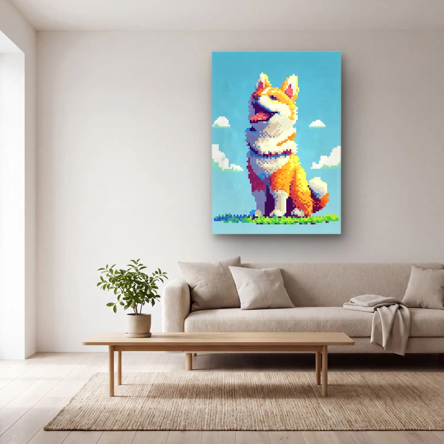 Sevimli İllüstrasyon Köpek No. 28 cam tablo — açık renk salonda