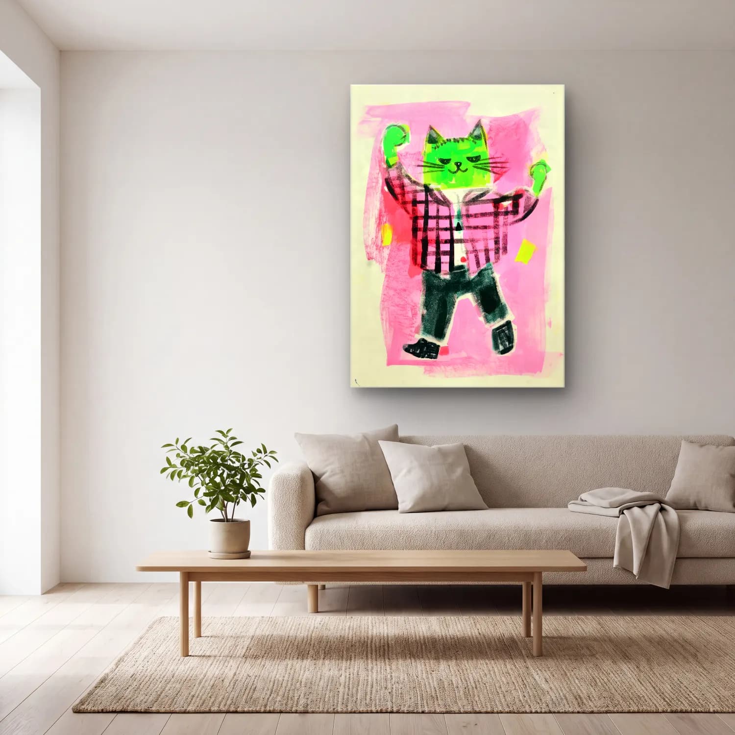 Maksimalist Kedi – Pembe Tonlar cam tablo — açık renk salonda