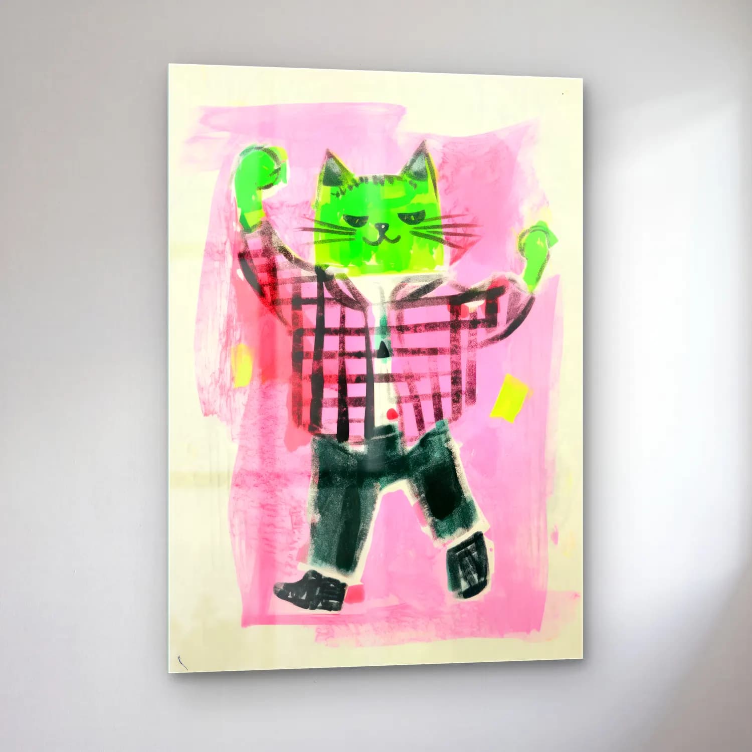 Maksimalist Kedi – Pembe Tonlar cam tablo — sol açıdan görünüm