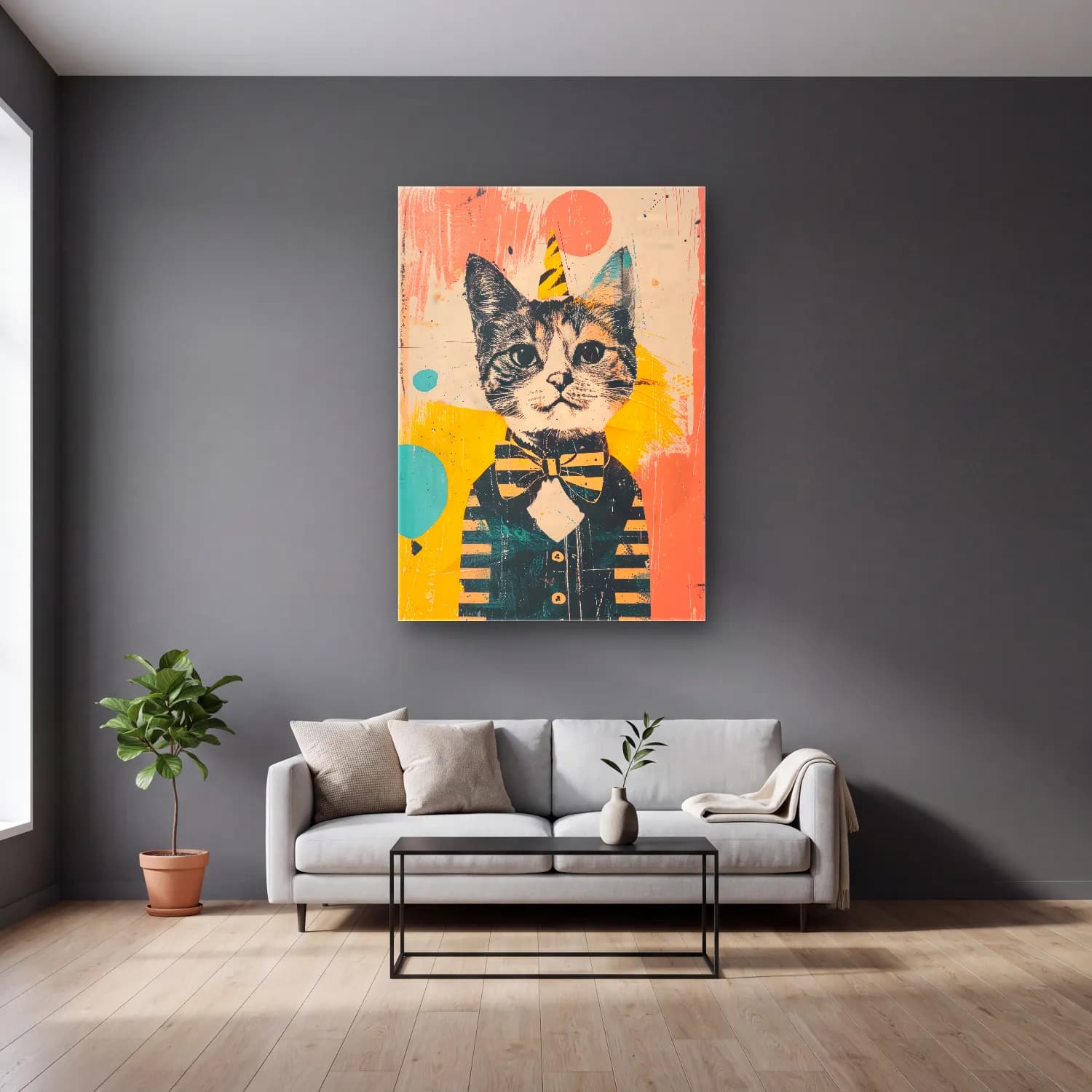 Maksimalist Kedi No. 8 cam tablo — gri duvarlı salonda