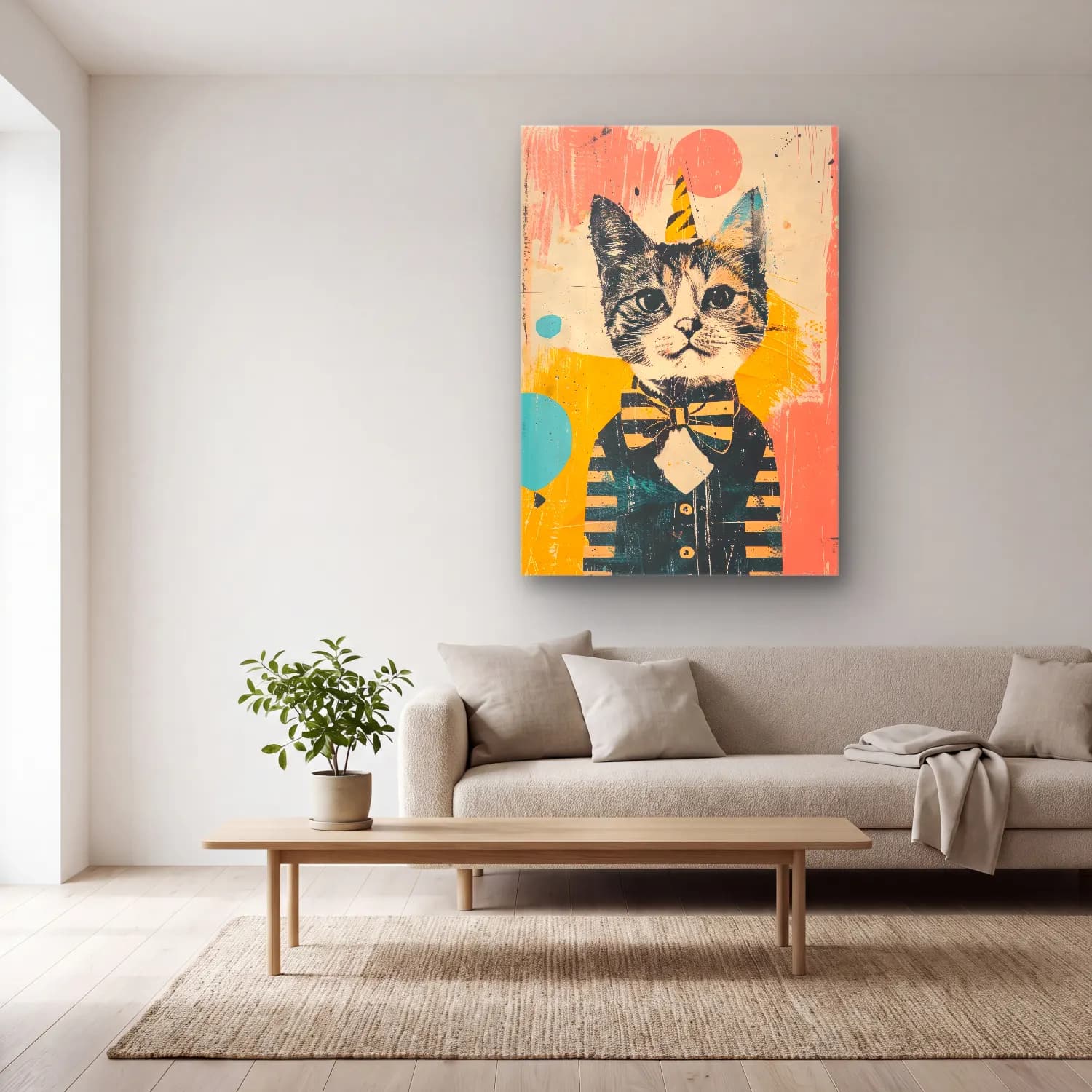 Maksimalist Kedi No. 8 cam tablo — açık renk salonda