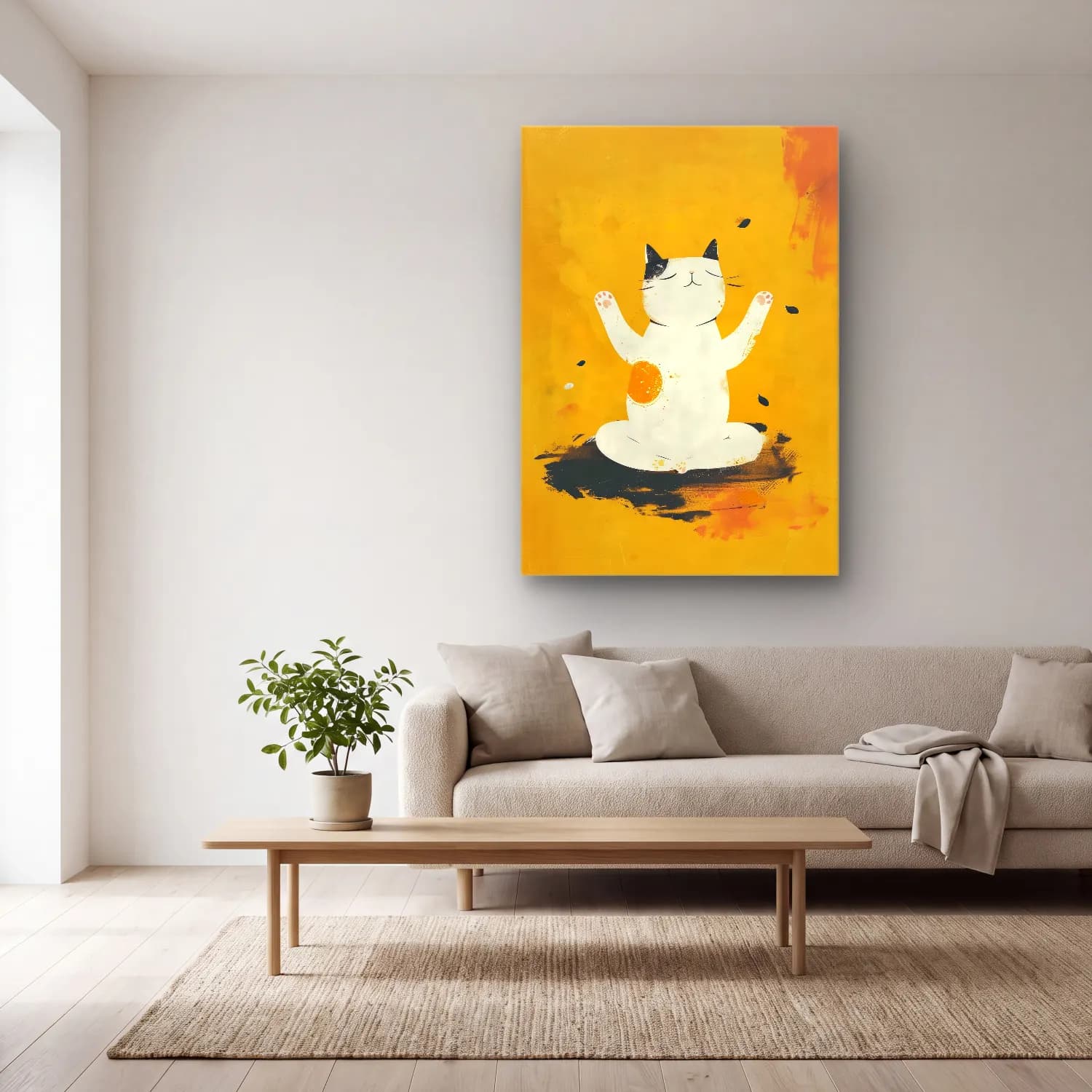Sevimli İllüstrasyon Kedi No. 32 cam tablo — açık renk salonda
