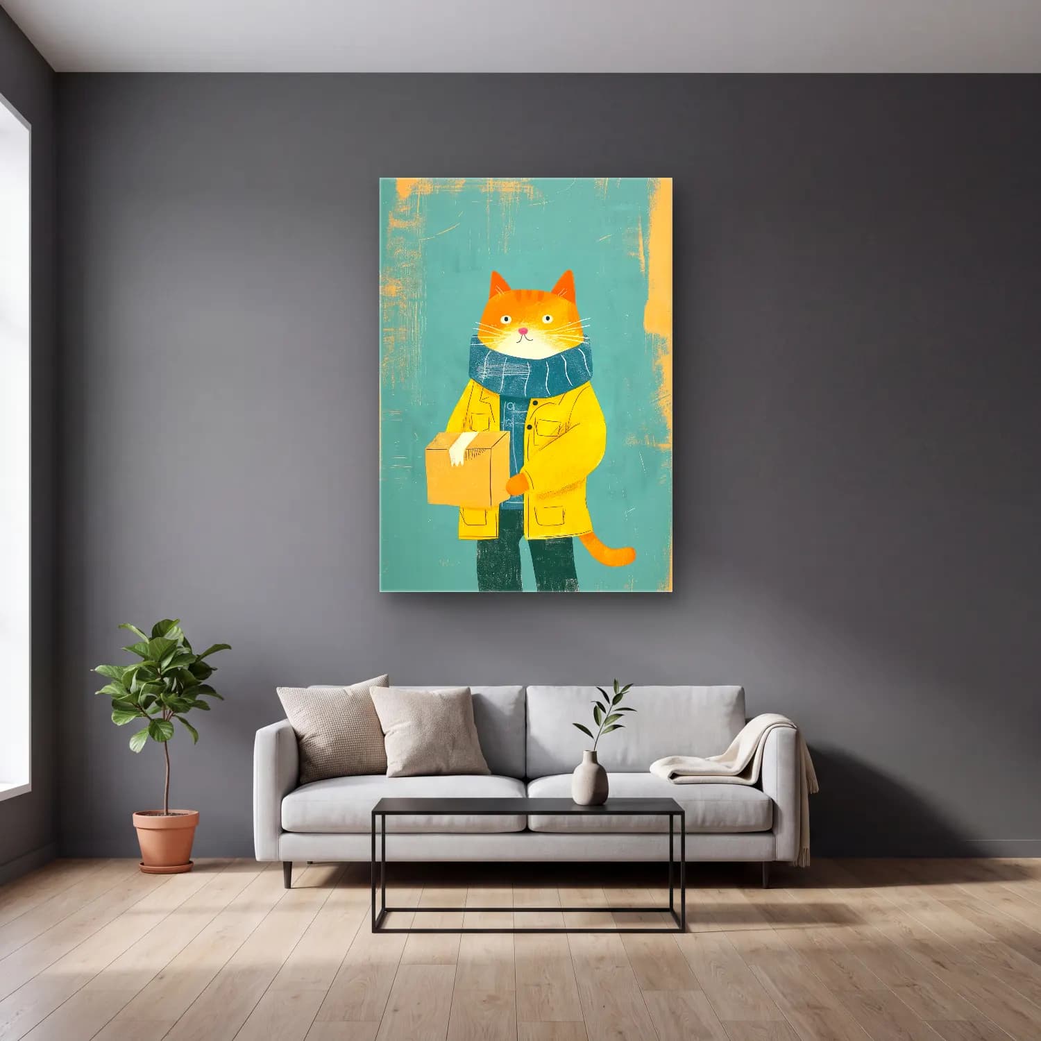 Sevimli İllüstrasyon Kedi No. 33 cam tablo — gri duvarlı salonda