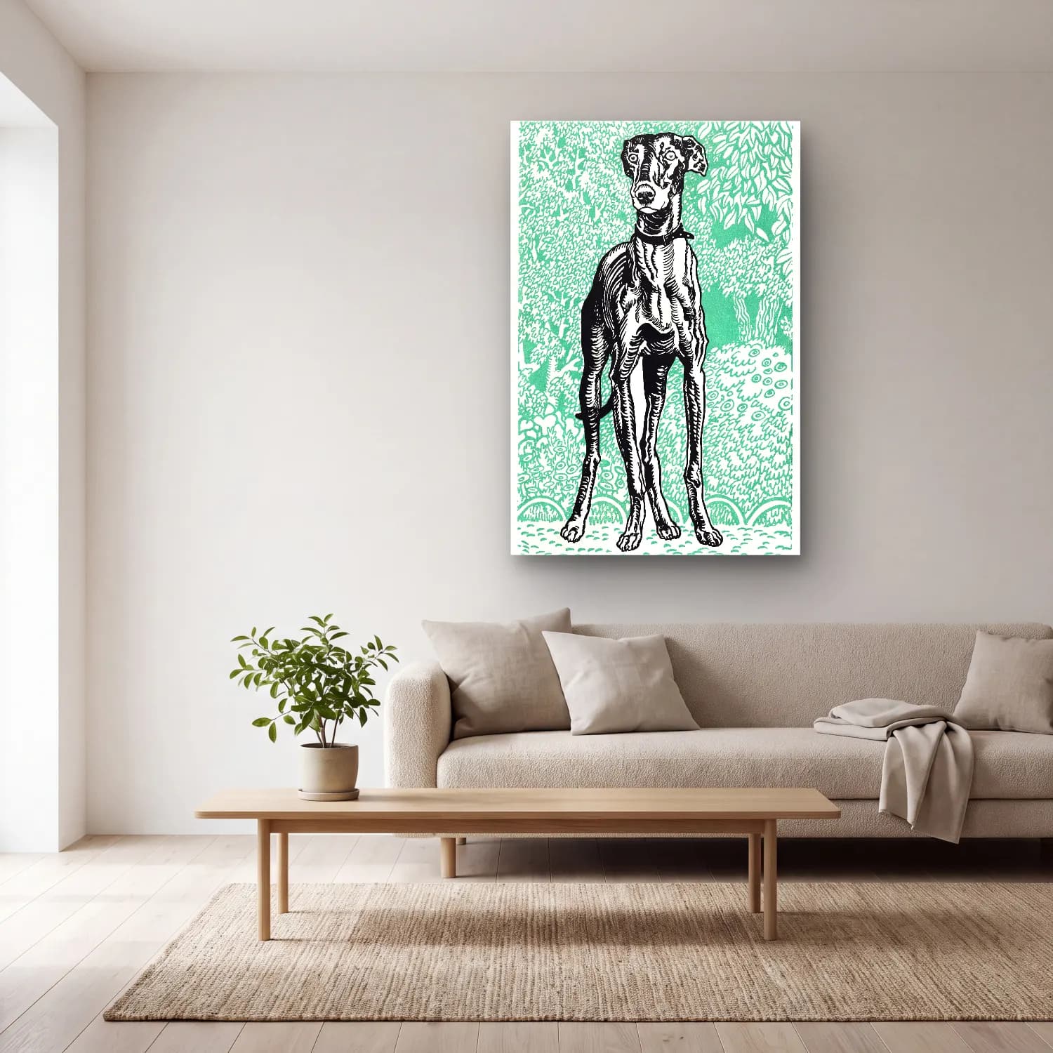Siyah Beyaz Köpek – Turkuaz Tonlar cam tablo — açık renk salonda