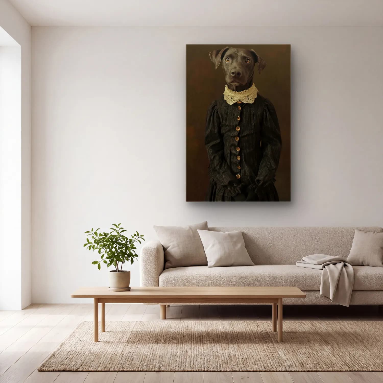 Siyah Beyaz Köpek No. 5 cam tablo — açık renk salonda