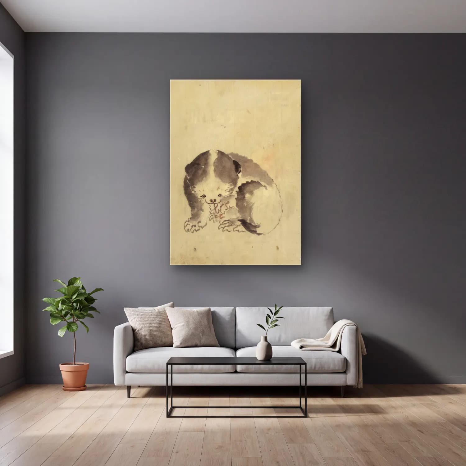Katsushika Hokusai – Köpek cam tablo — gri duvarlı salonda