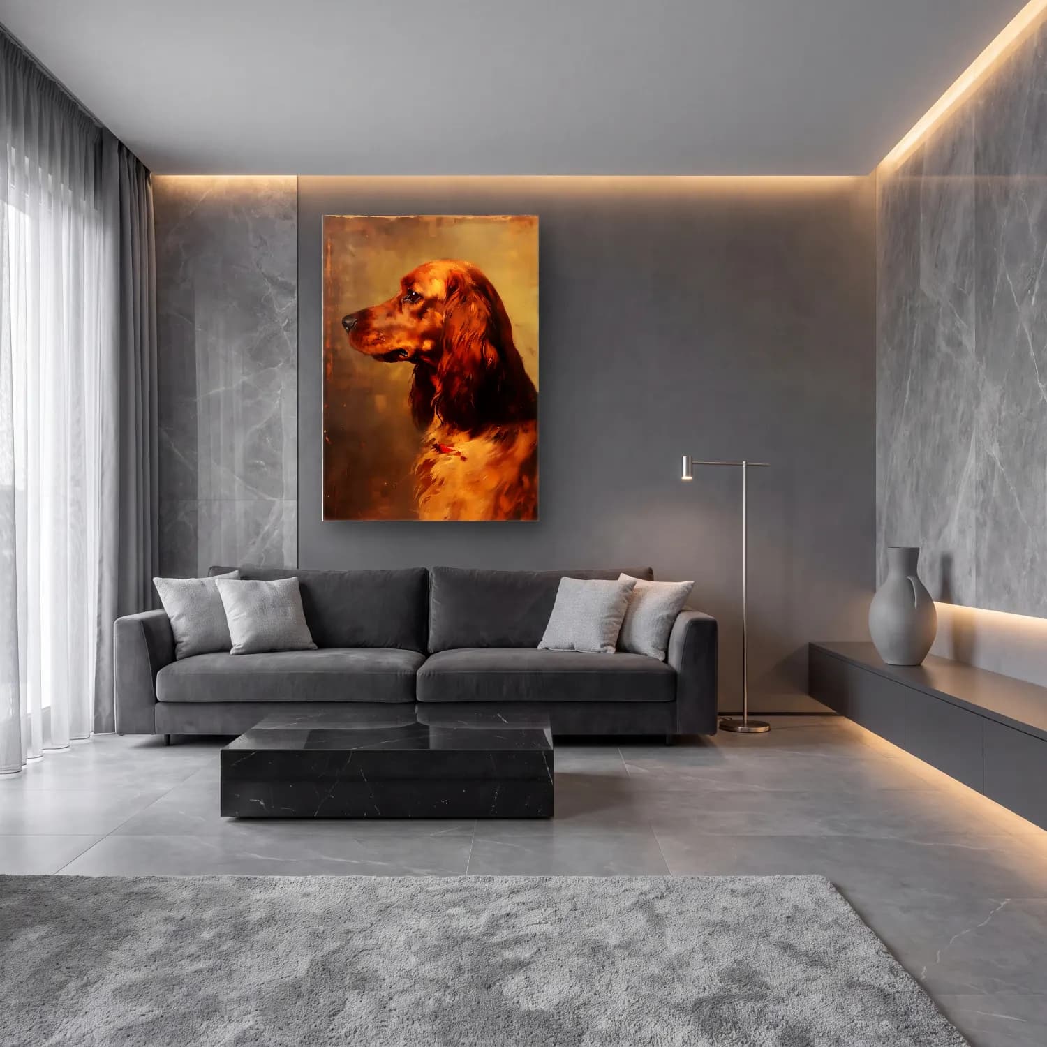 Yağlı Boya Köpek No. 9 cam tablo — lüks salon duvarında