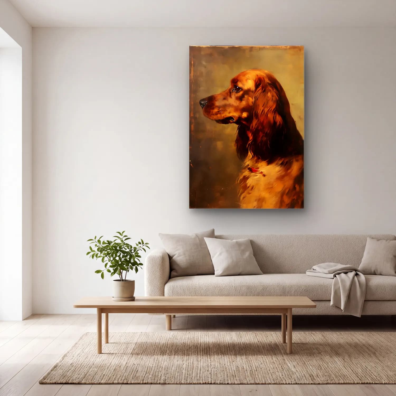 Yağlı Boya Köpek No. 9 cam tablo — açık renk salonda