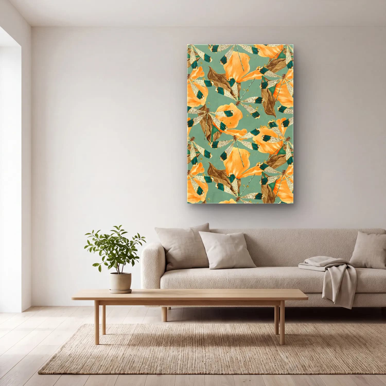 Boho Çiçek Deseni No. 138 cam tablo — açık renk salonda