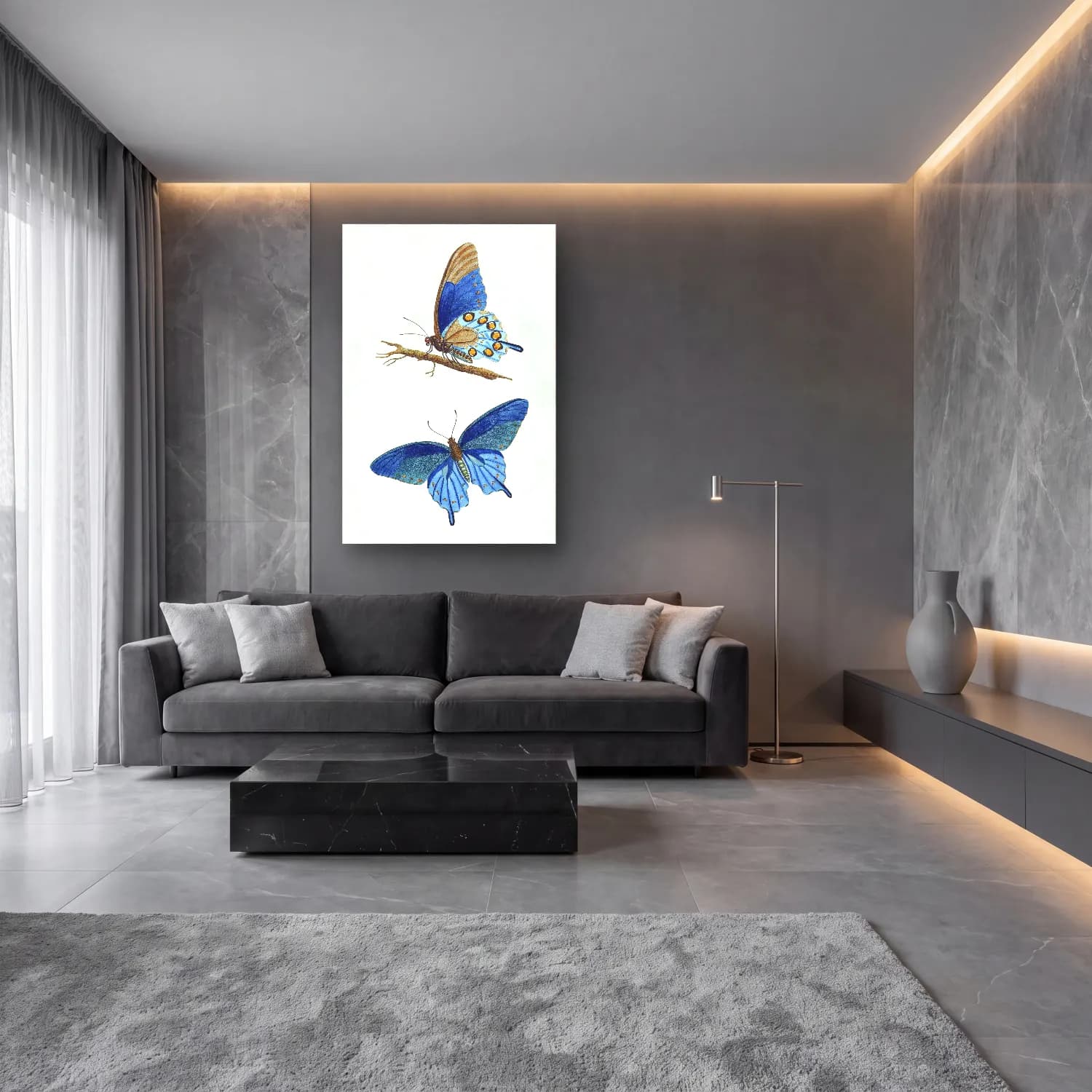 Botanik İllüstrasyon Kelebek No. 48 cam tablo — lüks salon duvarında