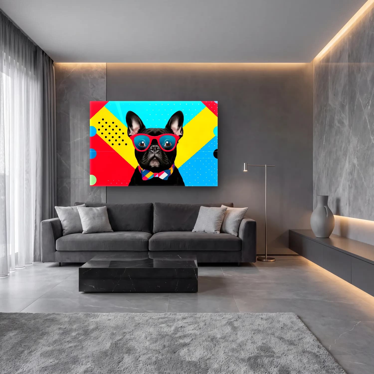 Pop Art Köpek – Turkuaz Tonlar cam tablo — lüks salon duvarında