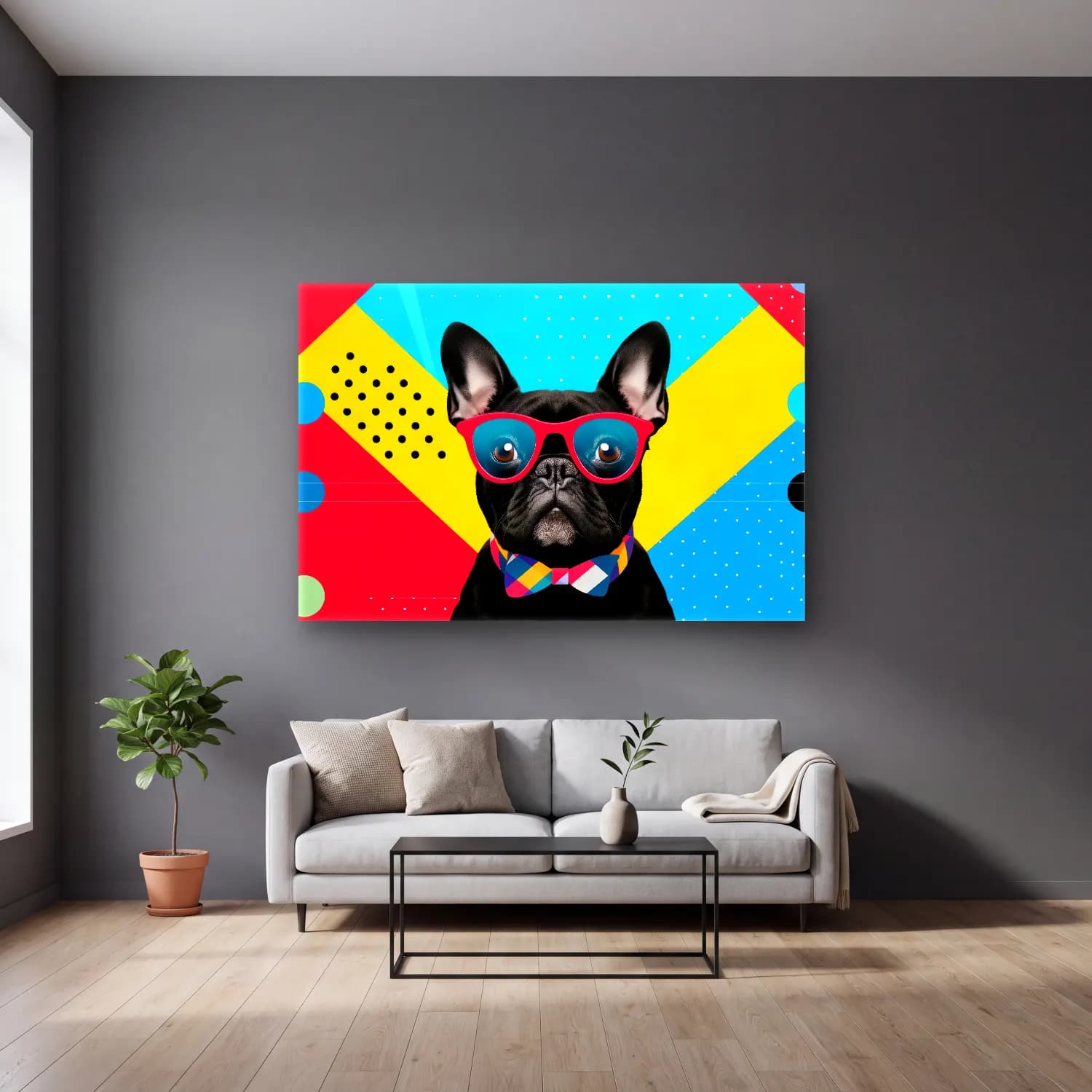 Pop Art Köpek – Turkuaz Tonlar cam tablo — gri duvarlı salonda