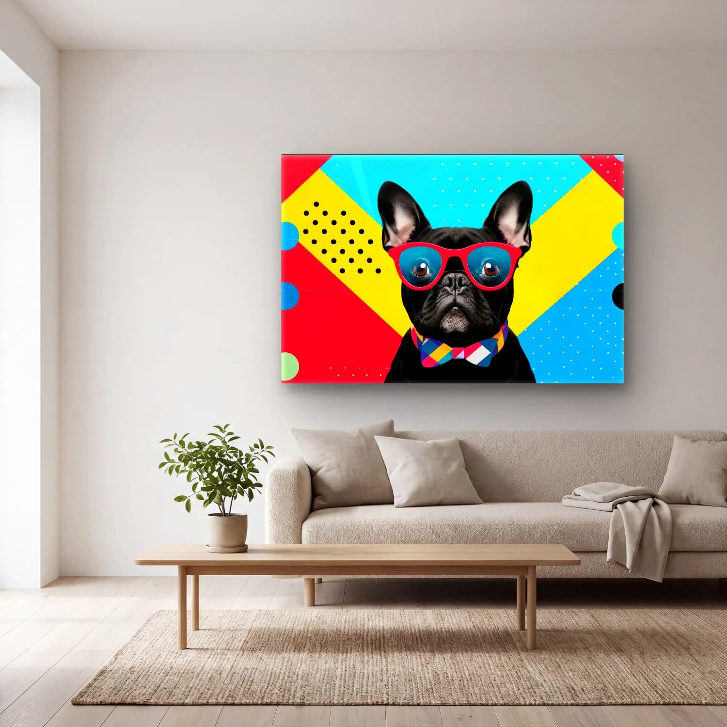 Pop Art Köpek – Turkuaz Tonlar cam tablo — açık renk salonda