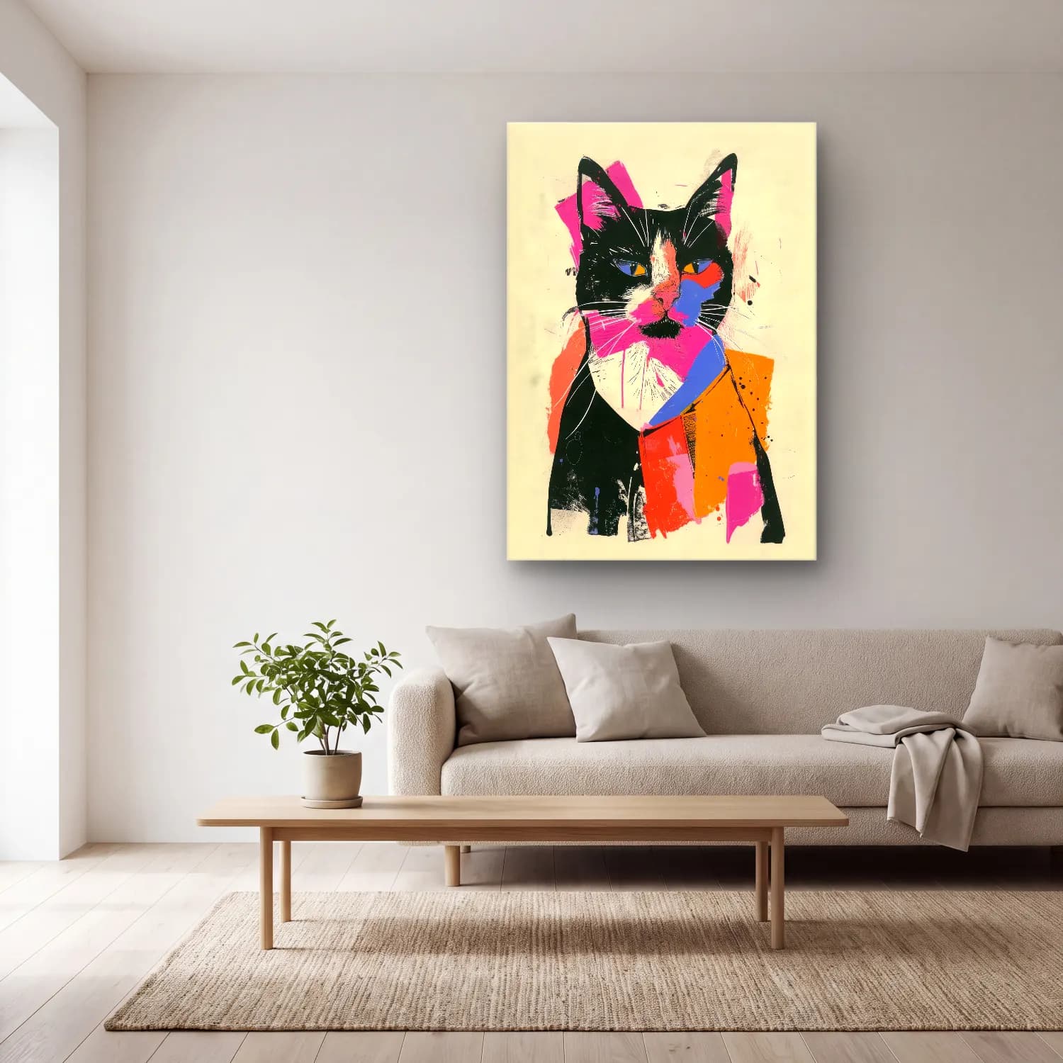 Maksimalist Kedi – Siyah Beyaz Tonlar cam tablo — açık renk salonda