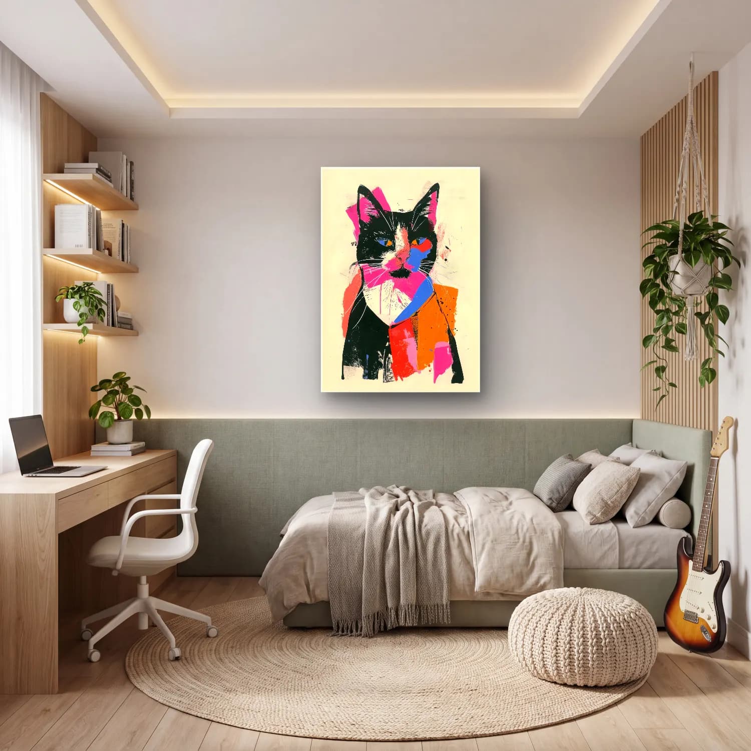 Maksimalist Kedi – Siyah Beyaz Tonlar cam tablo — genç odasında