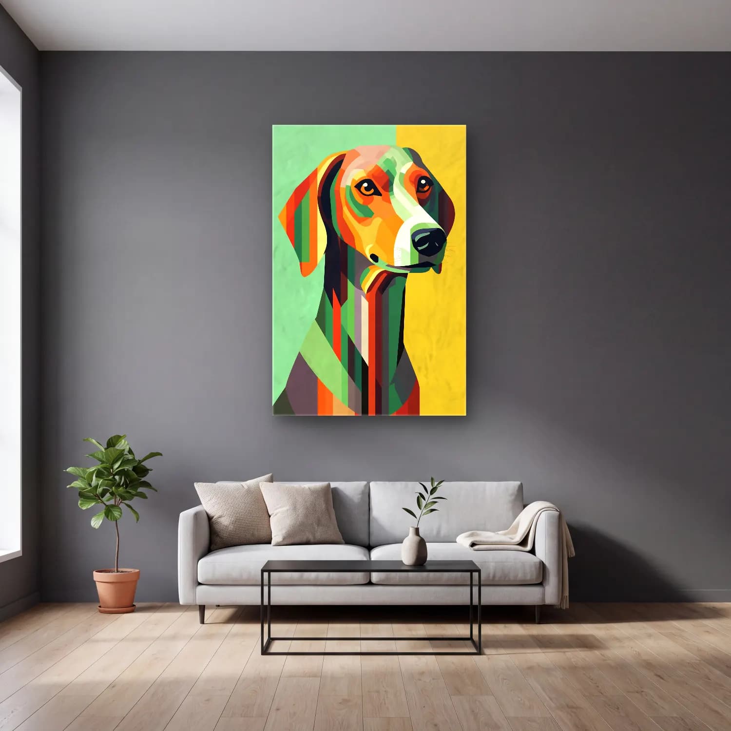Pop Art Köpek No. 5 cam tablo — gri duvarlı salonda