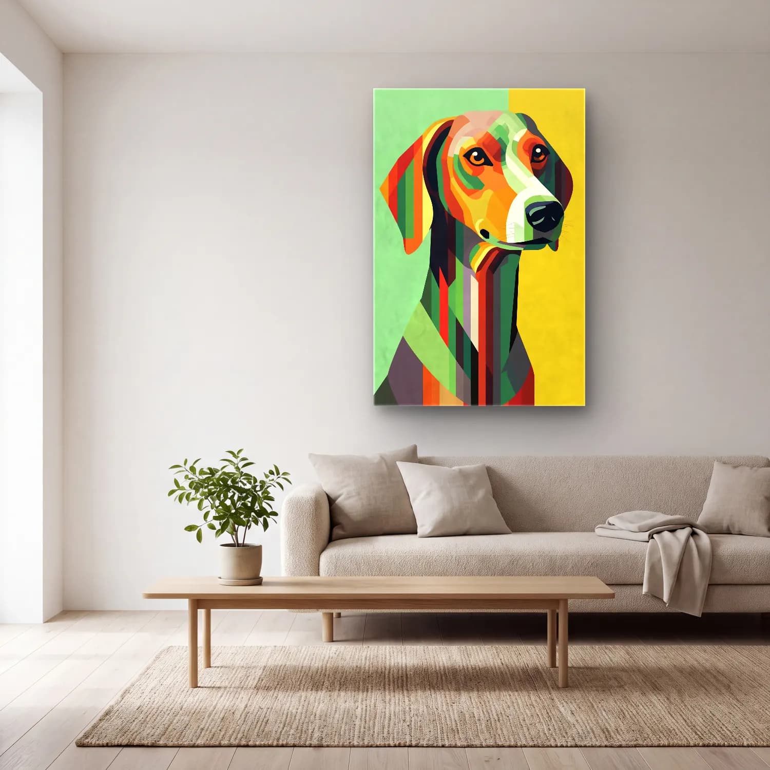 Pop Art Köpek No. 5 cam tablo — açık renk salonda