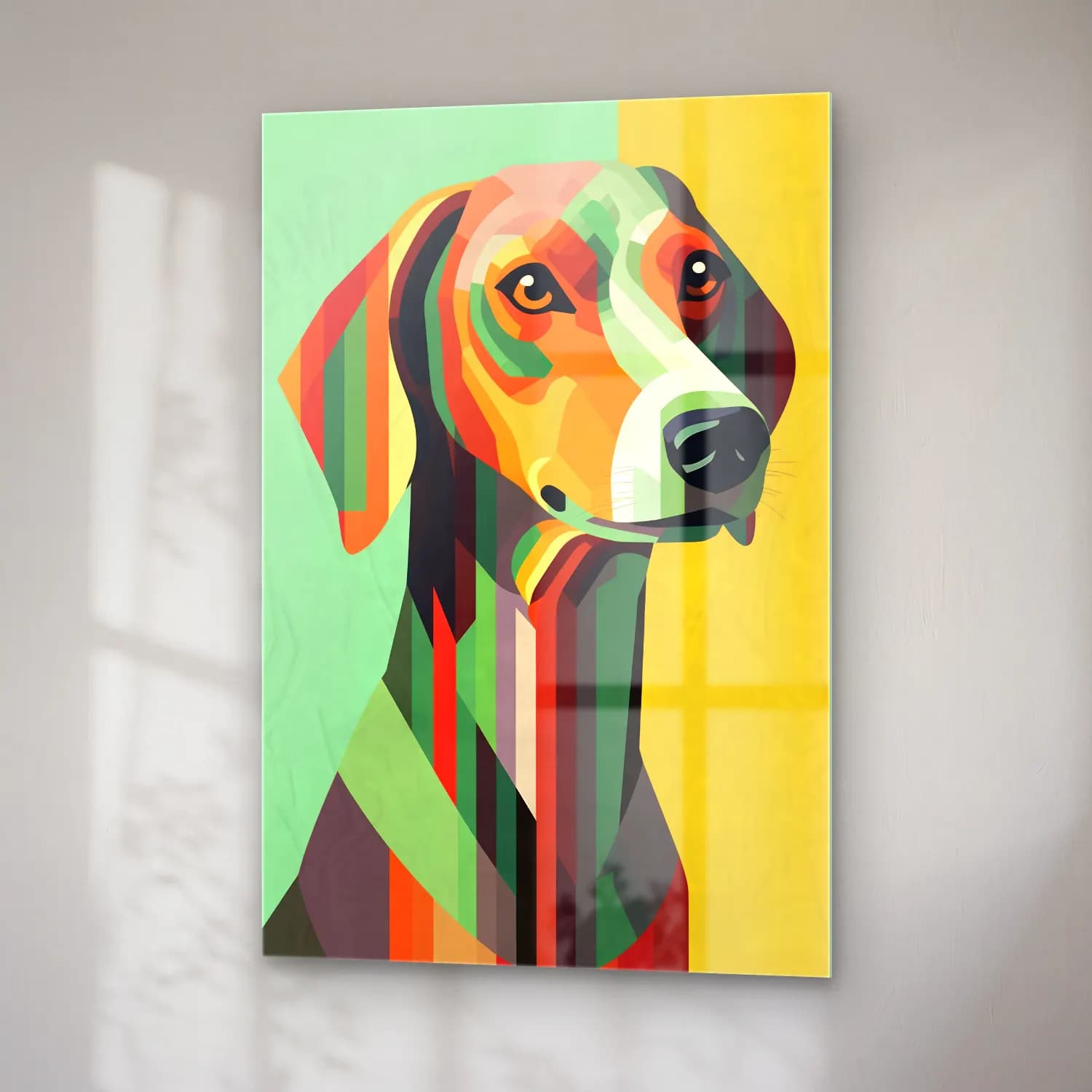 Pop Art Köpek No. 5 cam tablo — sağ açıdan görünüm