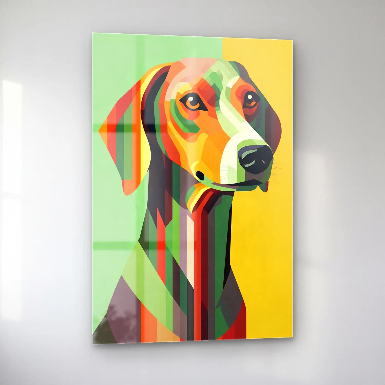 Pop Art Köpek No. 5 cam tablo — sol açıdan görünüm