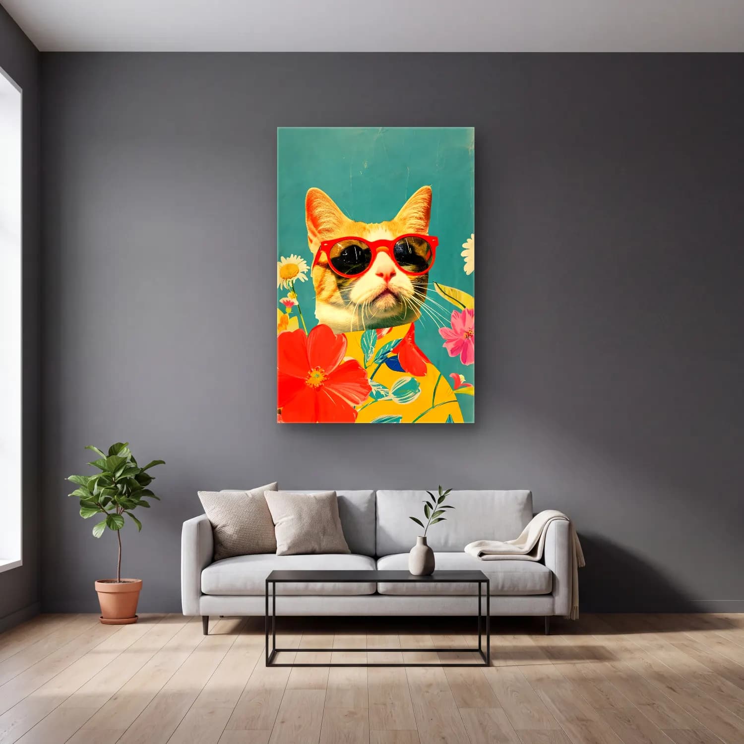 Retro Kedi – Turuncu Tonlar cam tablo — gri duvarlı salonda