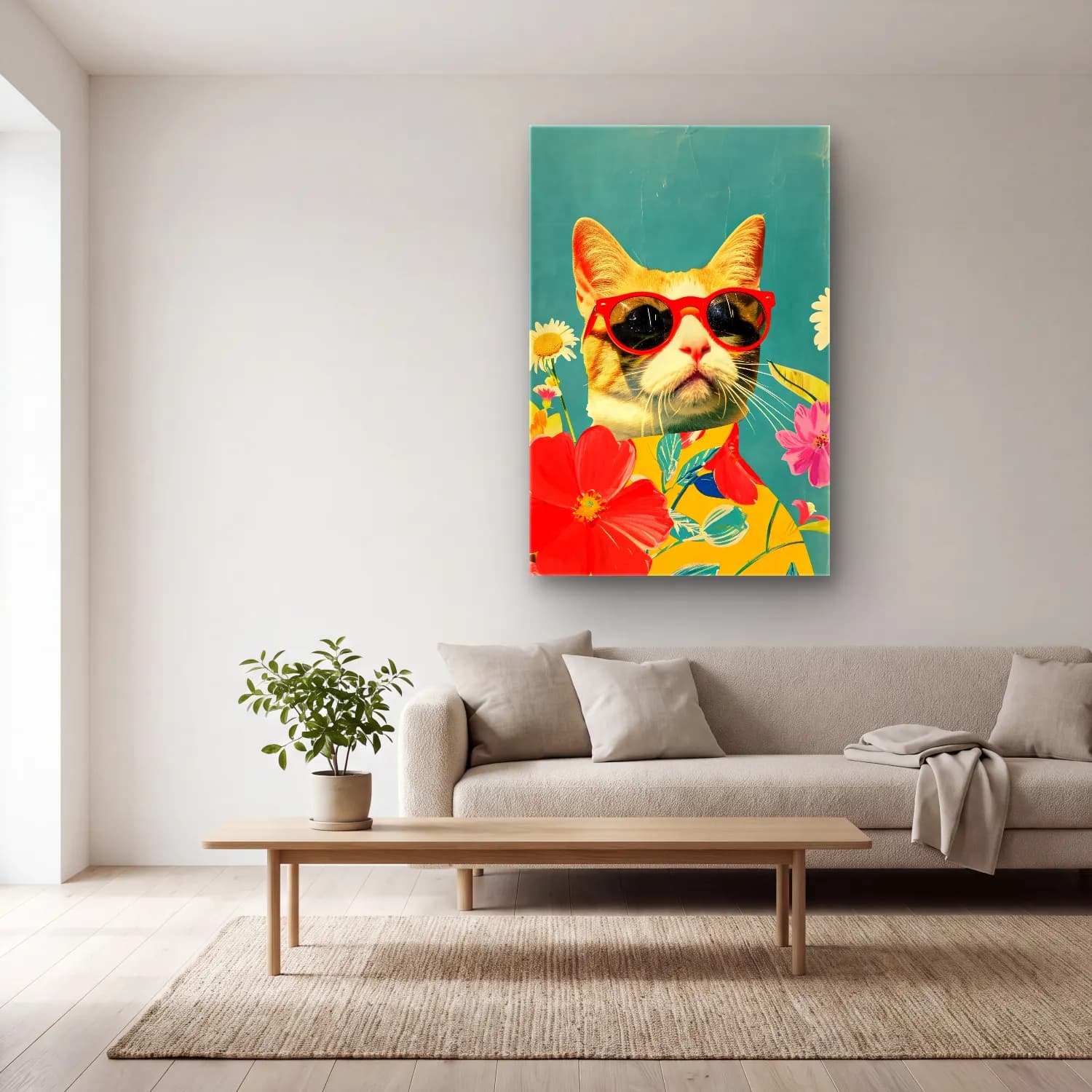 Retro Kedi – Turuncu Tonlar cam tablo — açık renk salonda