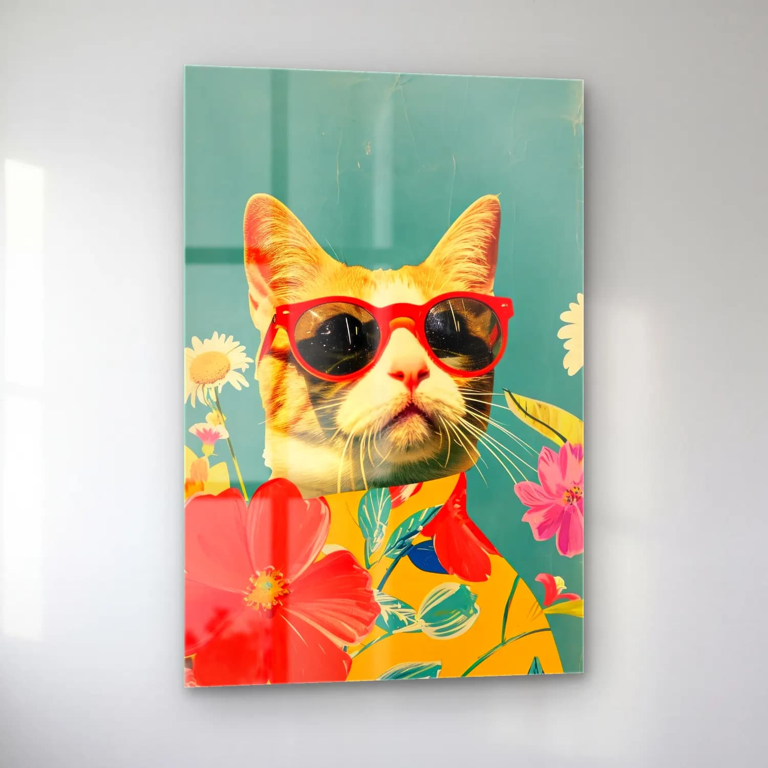 Retro Kedi – Turuncu Tonlar cam tablo — sol açıdan görünüm