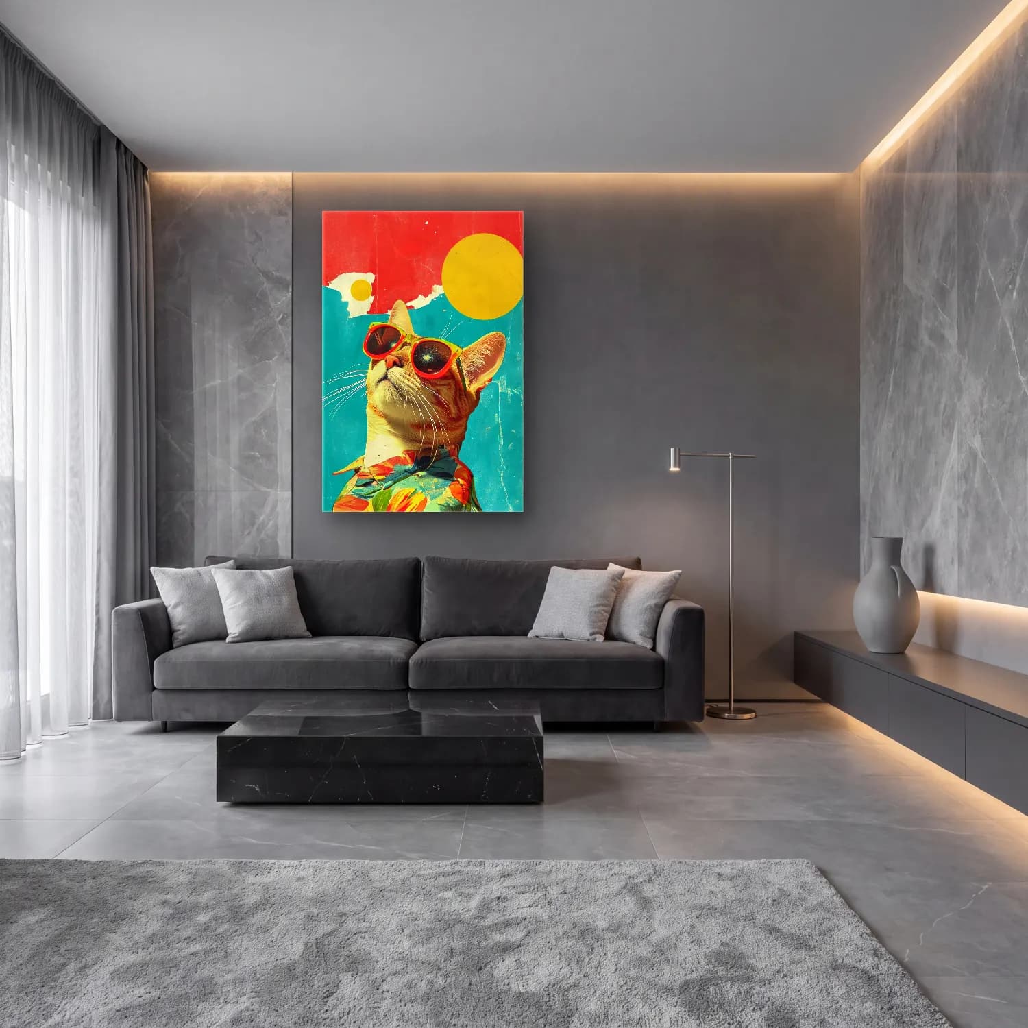 Pop Art Kedi – Turuncu Tonlar cam tablo — lüks salon duvarında