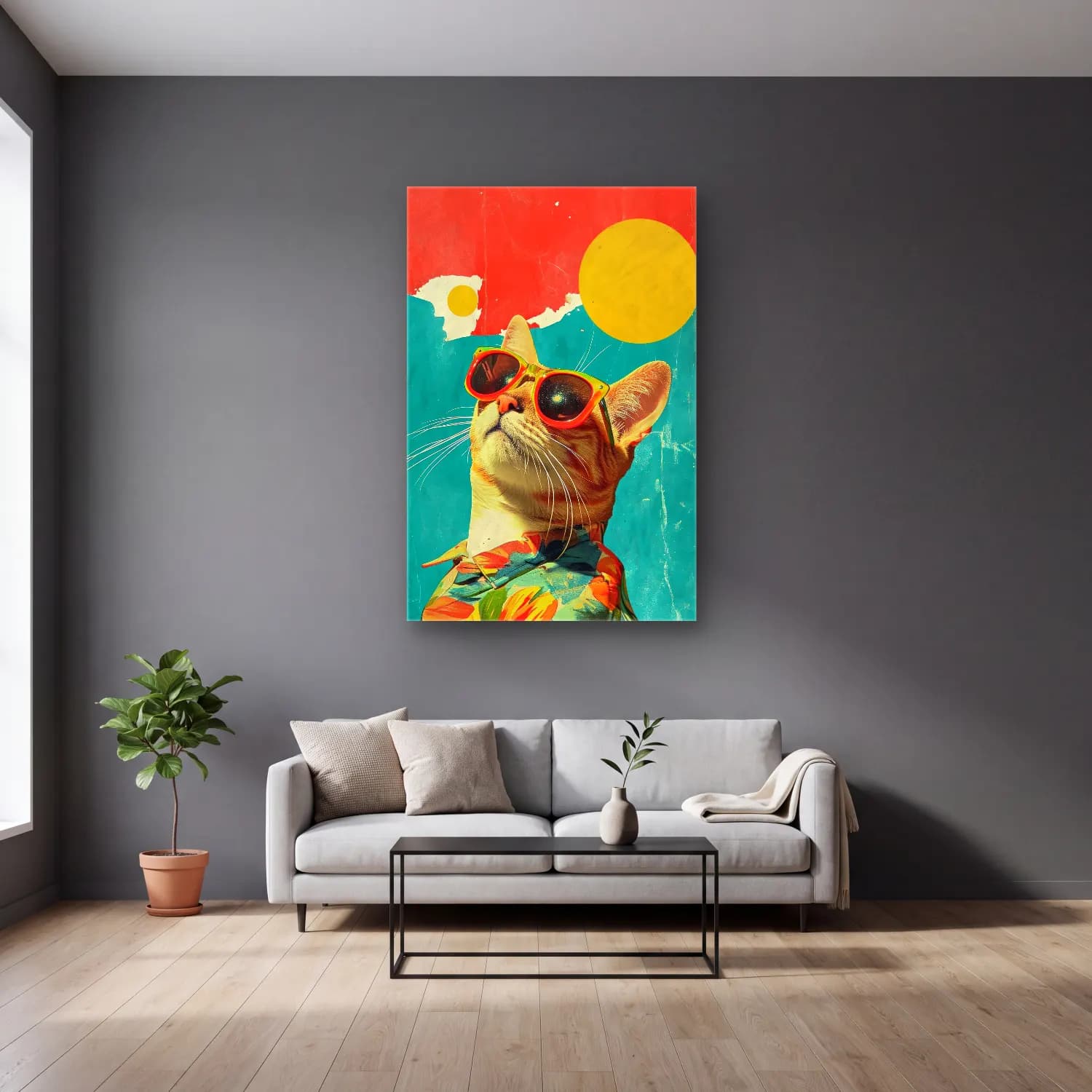 Pop Art Kedi – Turuncu Tonlar cam tablo — gri duvarlı salonda