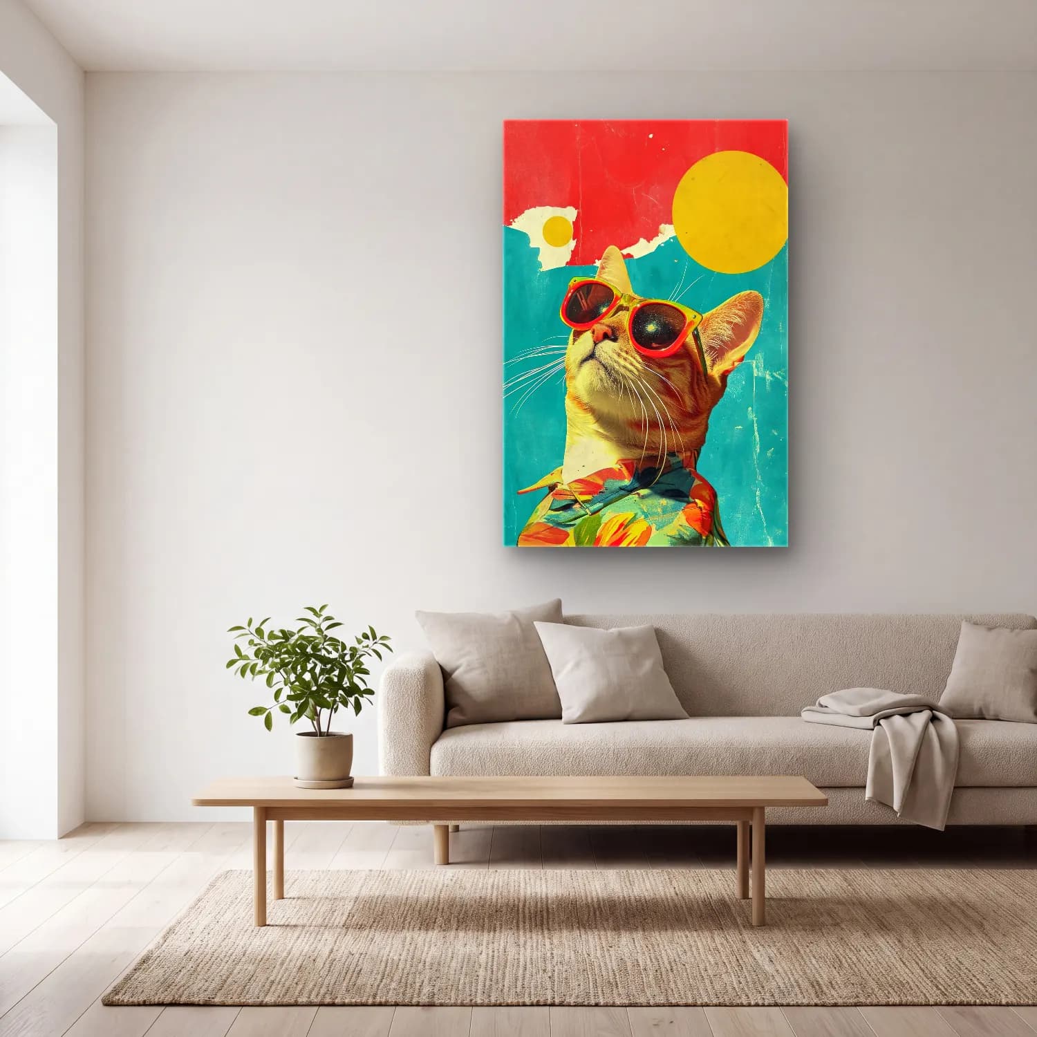 Pop Art Kedi – Turuncu Tonlar cam tablo — açık renk salonda