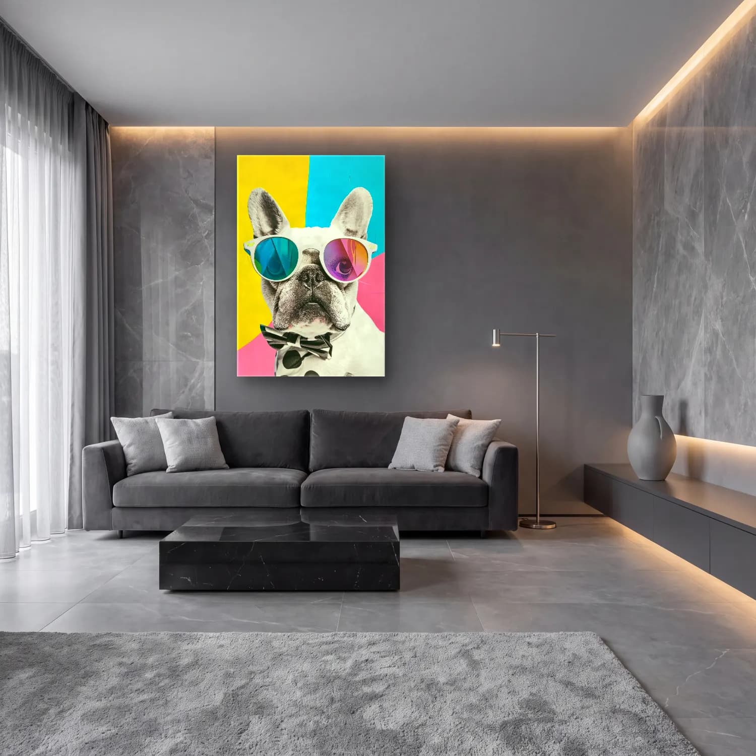 Pop Art Köpek No. 9 cam tablo — lüks salon duvarında