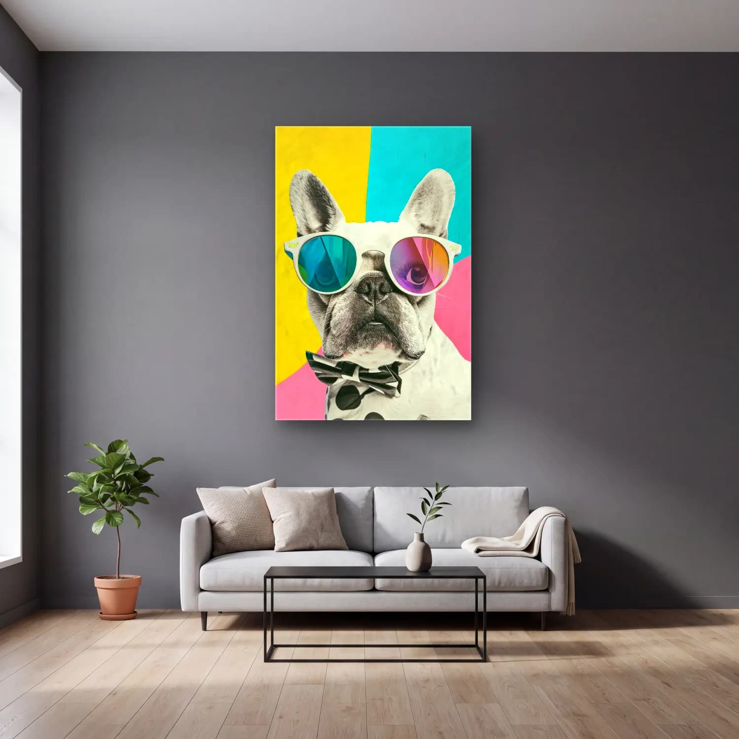 Pop Art Köpek No. 9 cam tablo — gri duvarlı salonda