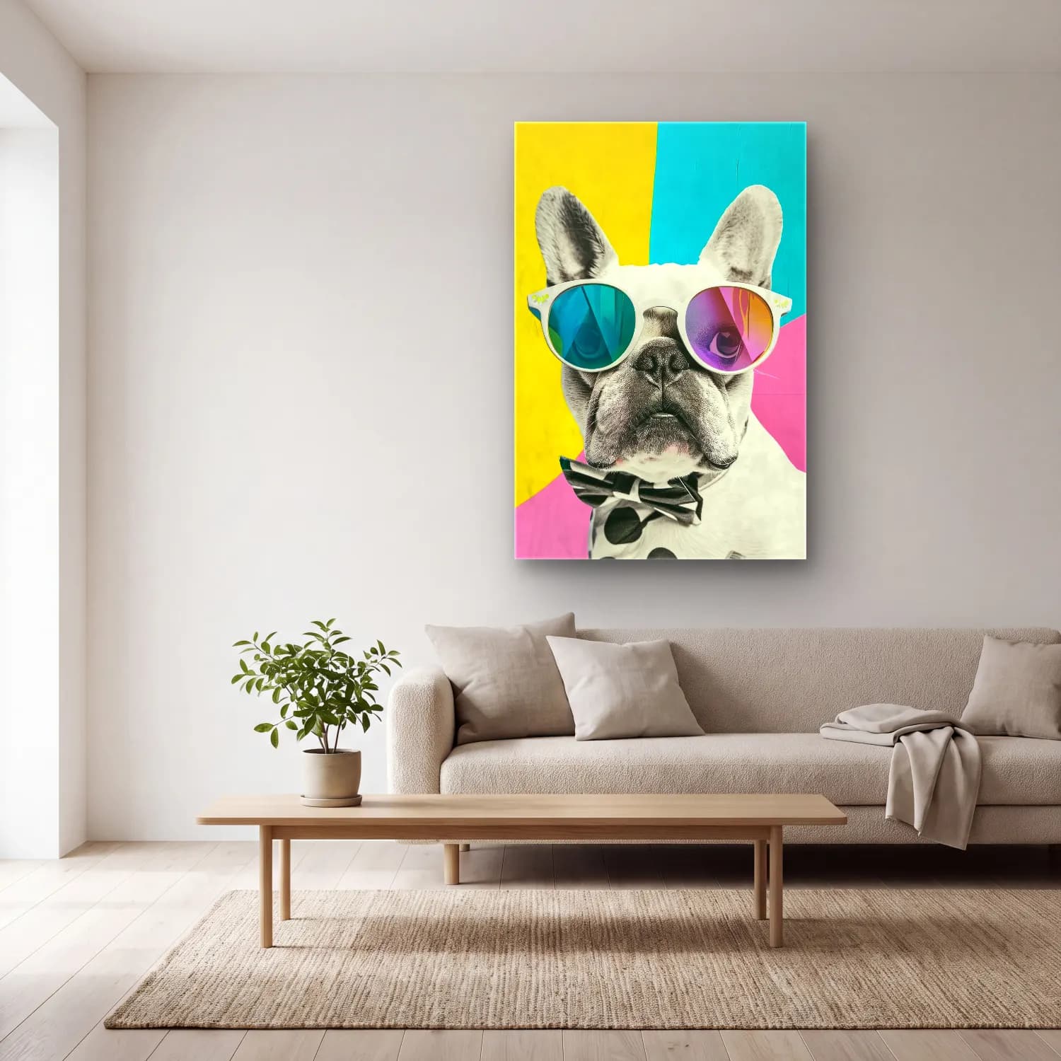 Pop Art Köpek No. 9 cam tablo — açık renk salonda