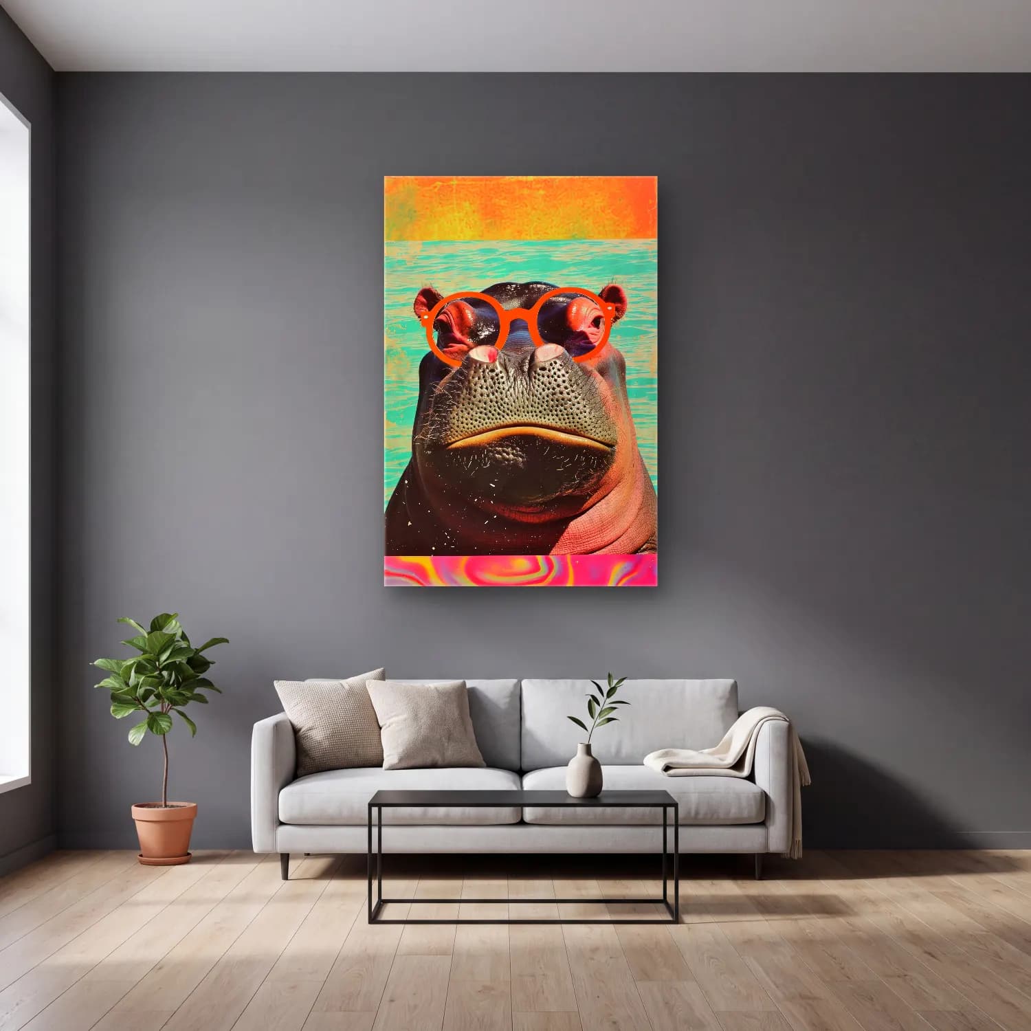 Pop Art Domuzcuk – Turuncu Tonlar cam tablo — gri duvarlı salonda