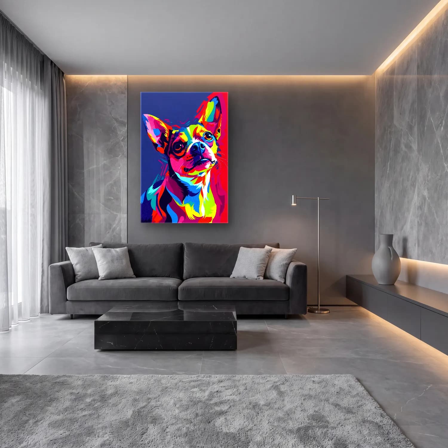 Pop Art Köpek – Pembe Tonlar cam tablo — lüks salon duvarında